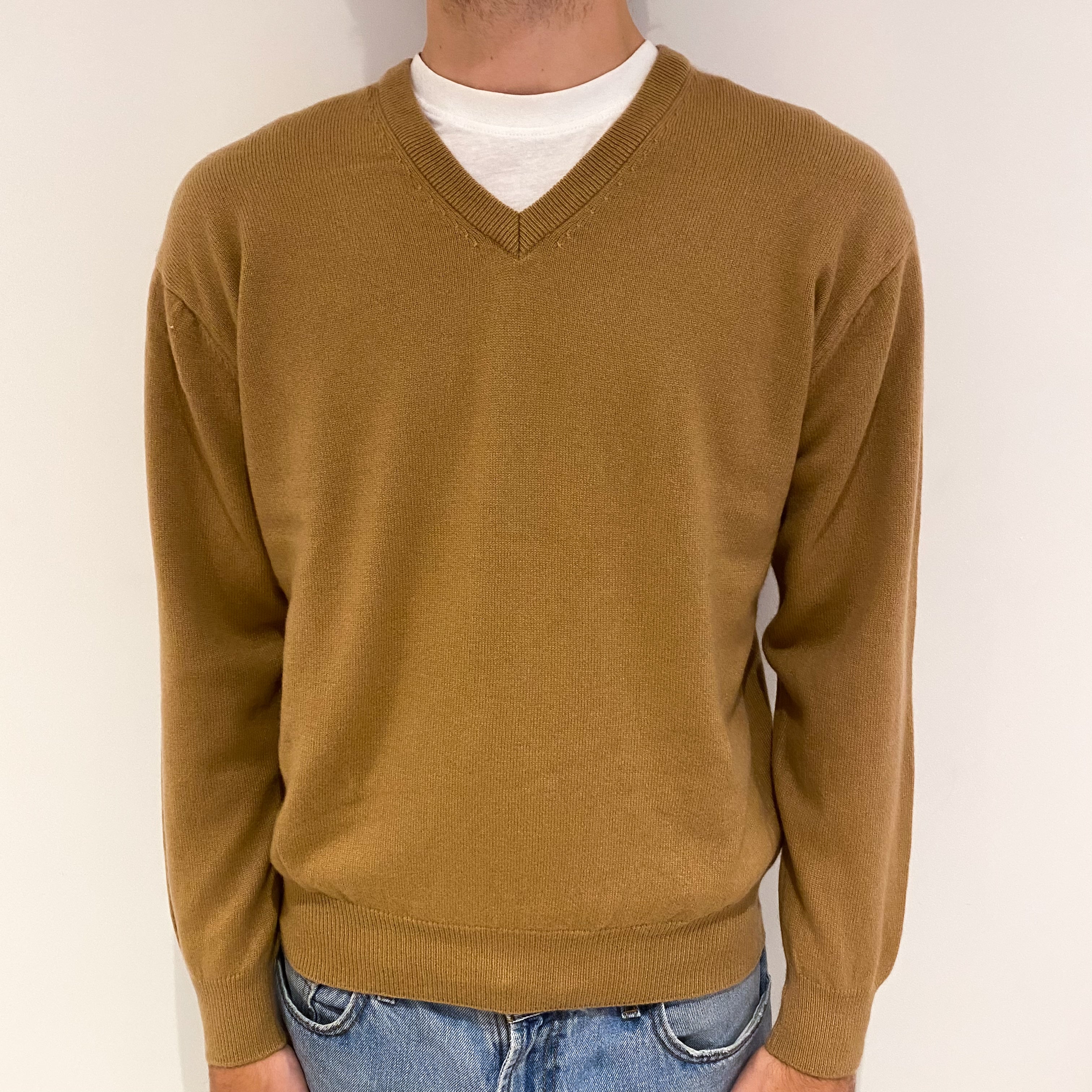 Men's Camel Brown Cashmere V-Neck Jumper Large