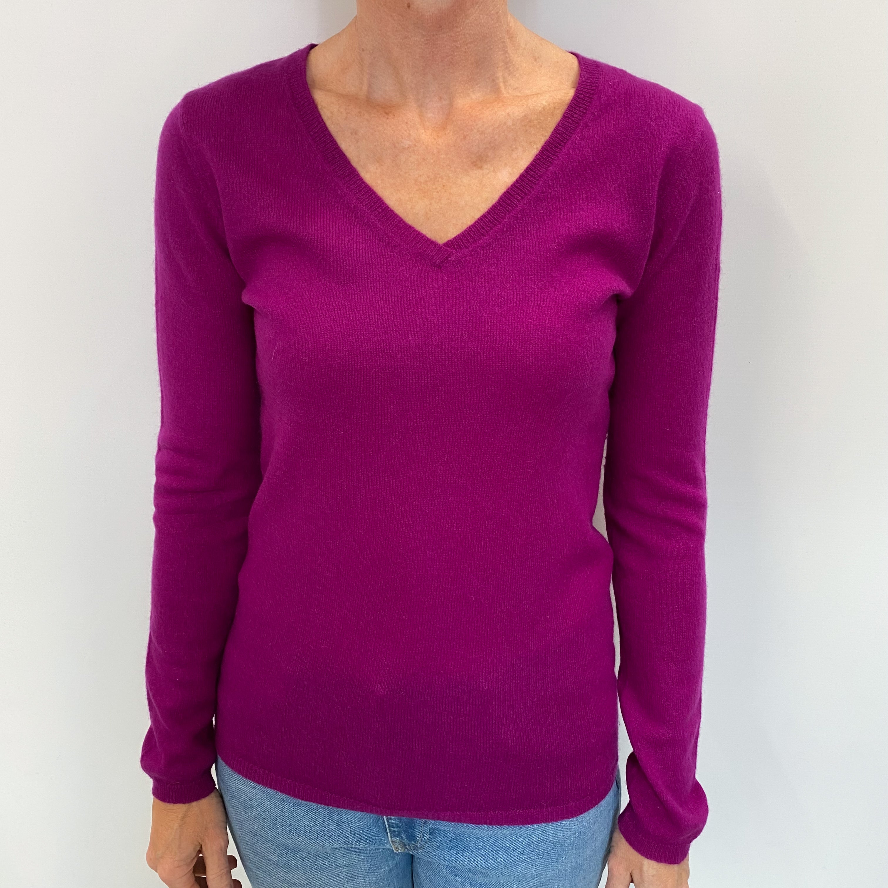 Magenta Purple Cashmere V Neck Jumper Small