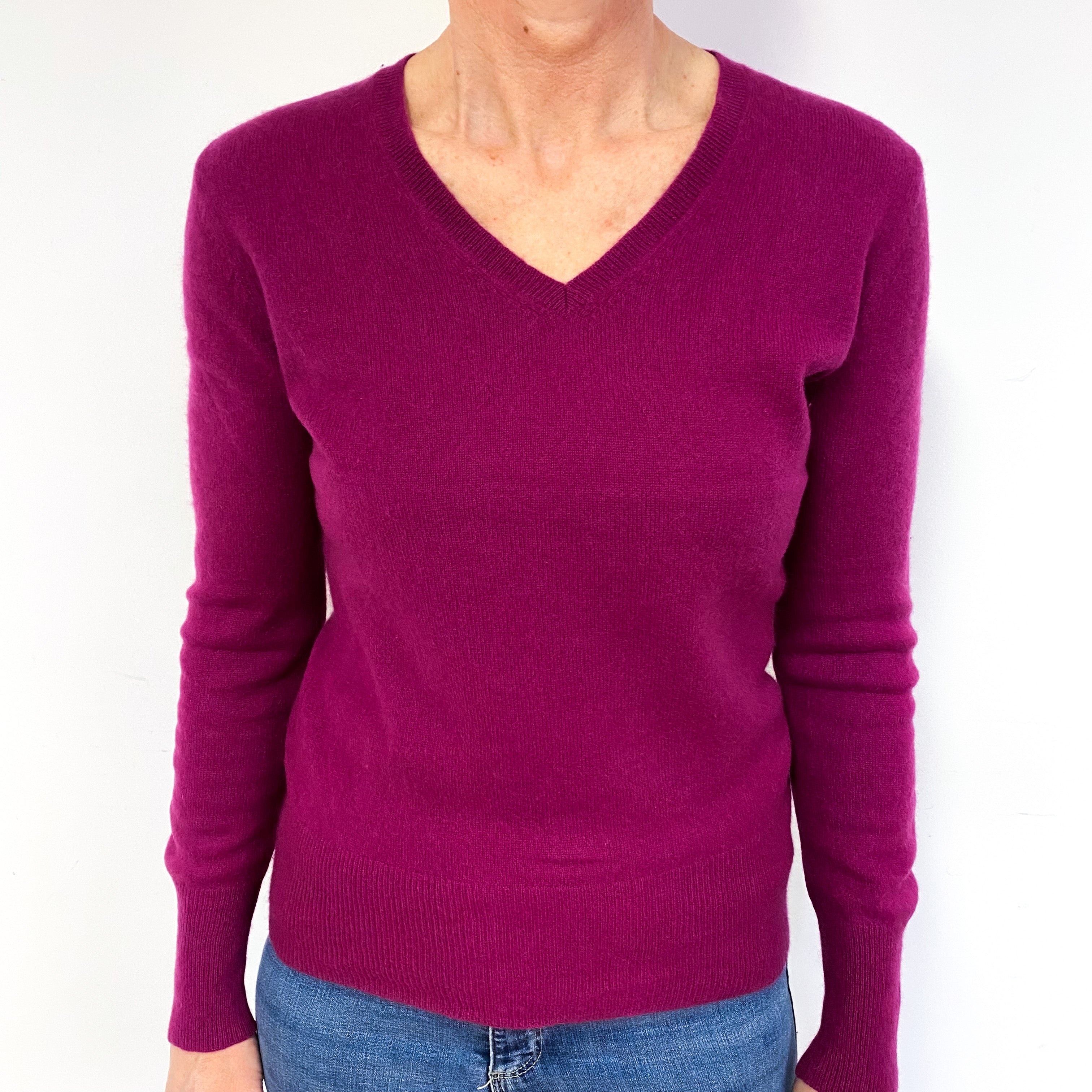 Magenta Pink Cashmere V-Neck Jumper Medium