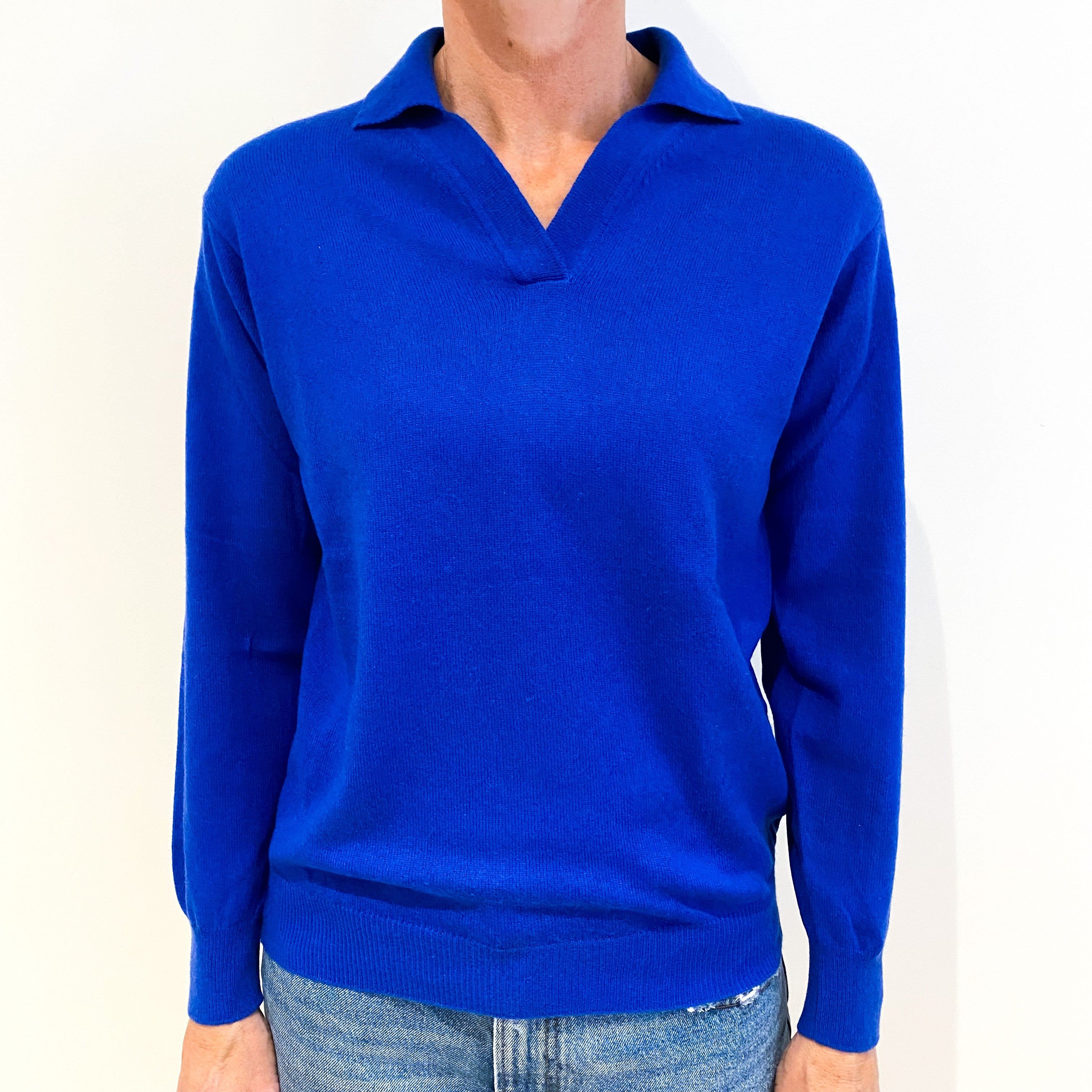 Royal Blue Cashmere Collared V-Neck Jumper Small