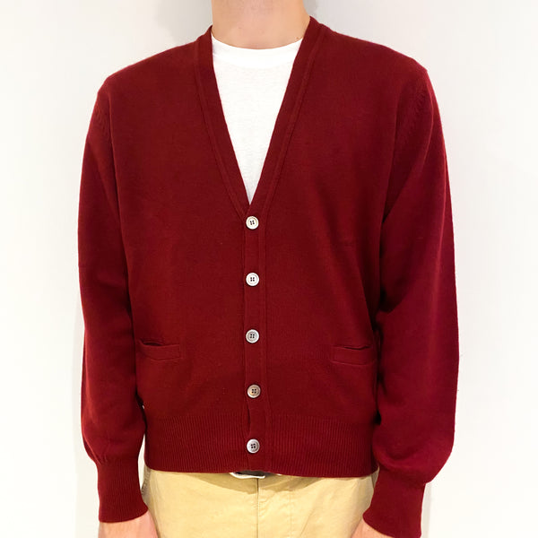 Men's Crimson Red Cashmere V-Neck Cardigan with Pockets Large