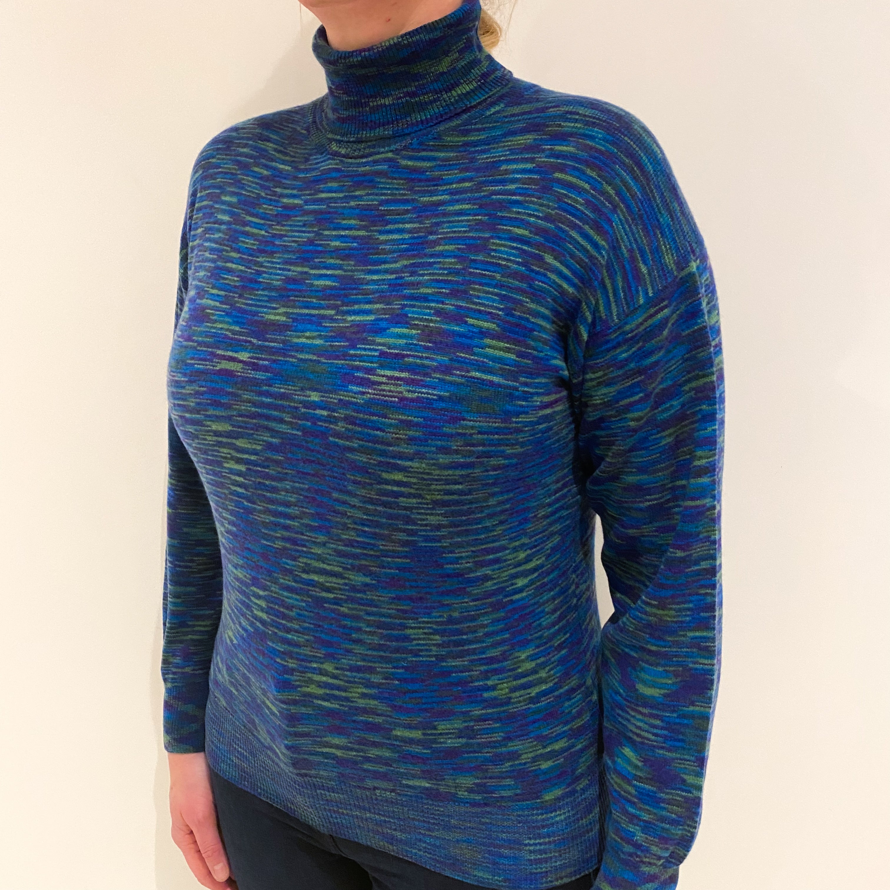 Blue Multicolour Cashmere Polo Neck Jumper Large