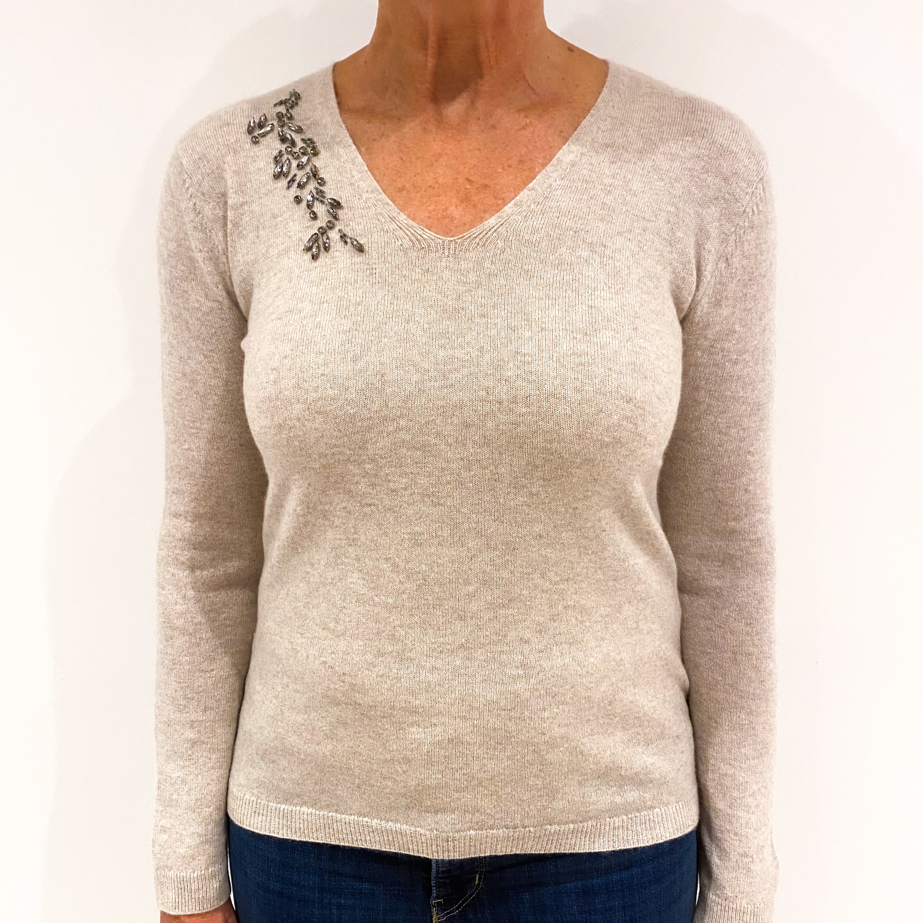 Fawn Beige Embellished Cashmere V-Neck Jumper Medium
