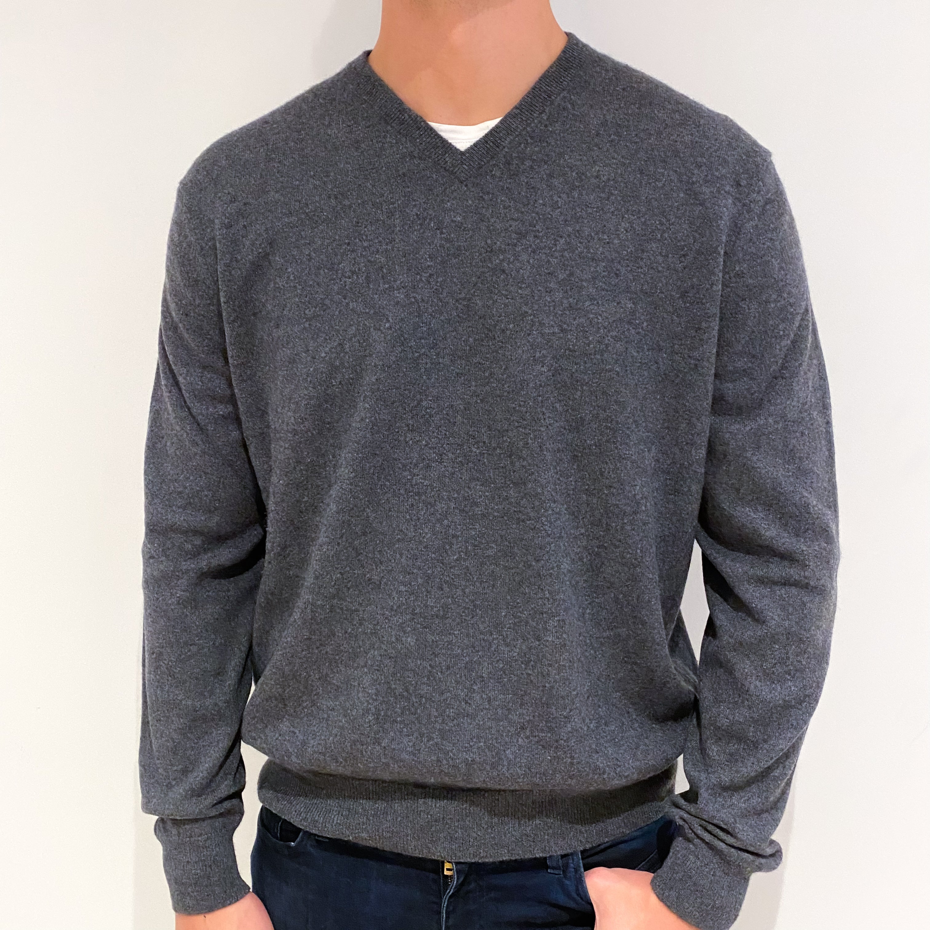 Men's Slate Grey Cashmere V-Neck Jumper Extra Extra Large