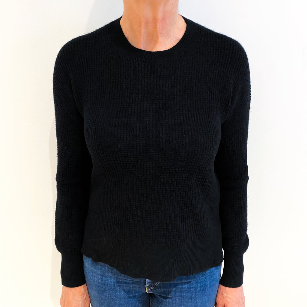 Black Cashmere Crew Neck Waffle Knit Jumper Medium