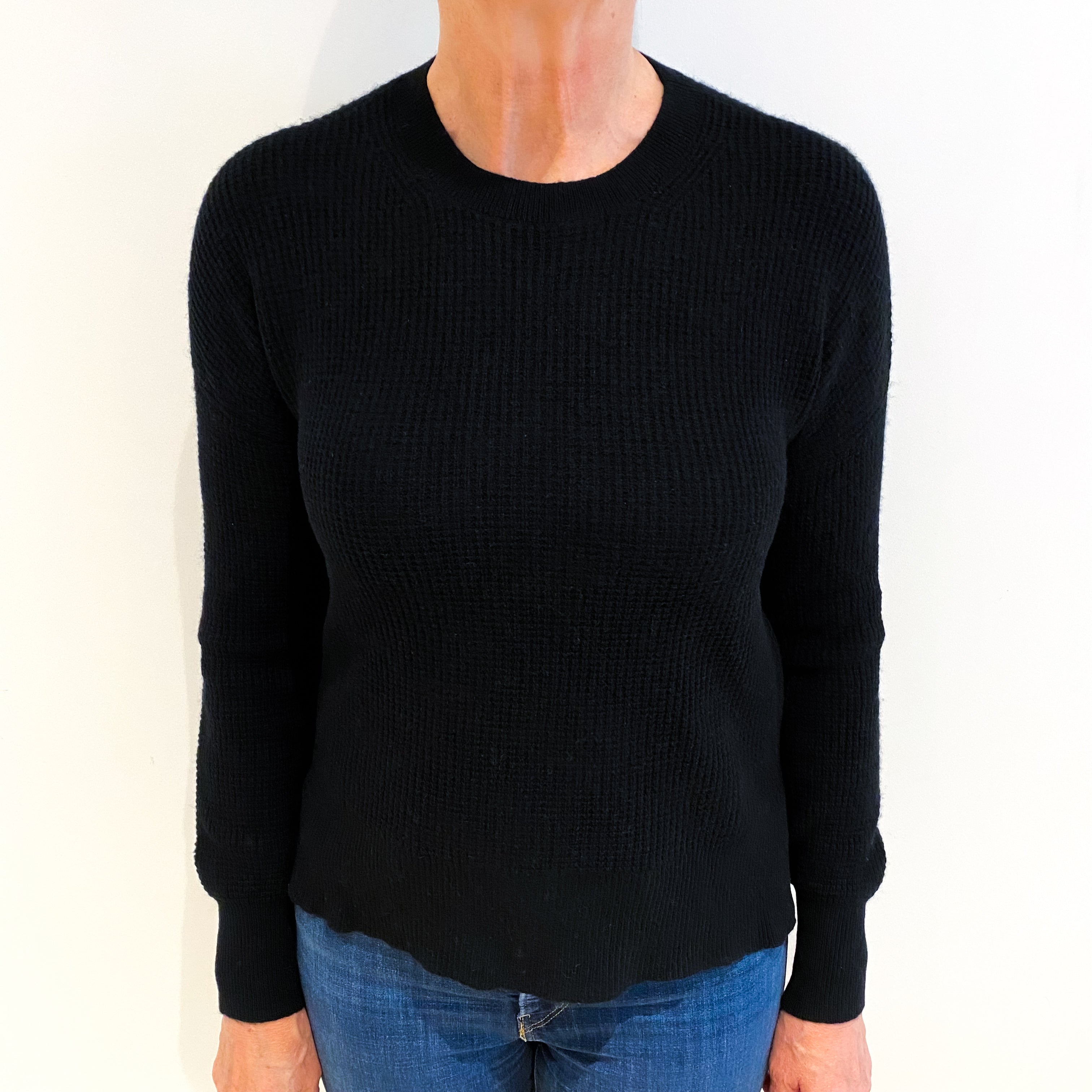 Black Cashmere Crew Neck Waffle Knit Jumper Medium