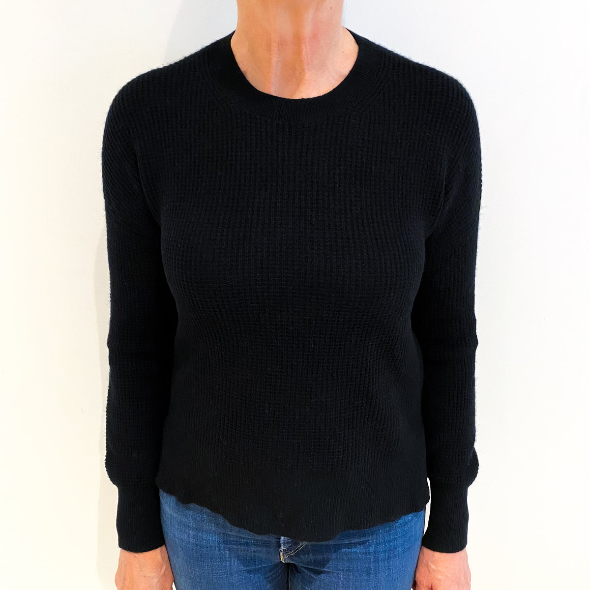Black Cashmere Crew Neck Waffle Knit Jumper Medium