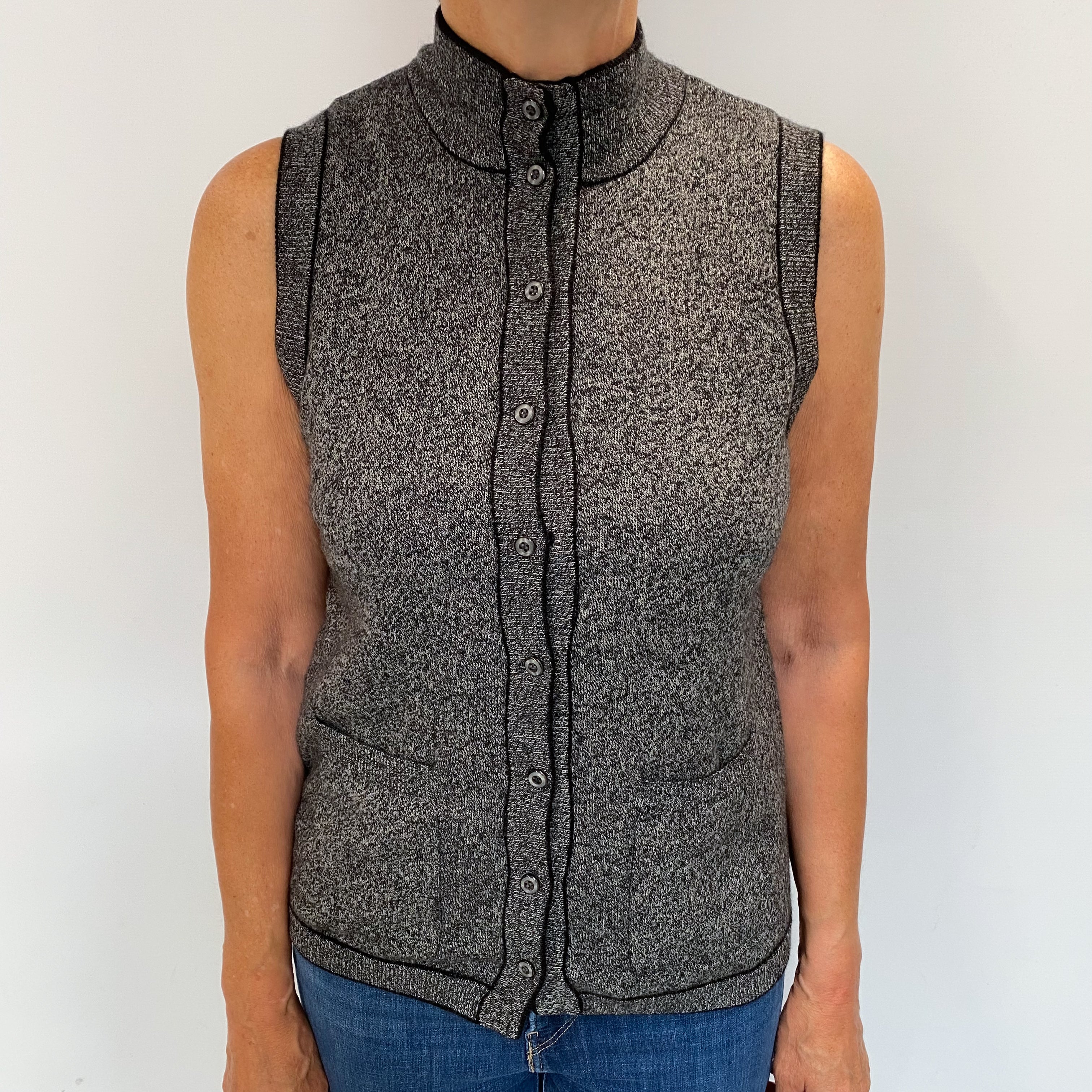 Black/Black Marl Reversible Sleeveless Cashmere Turtle Neck Cardigan Medium