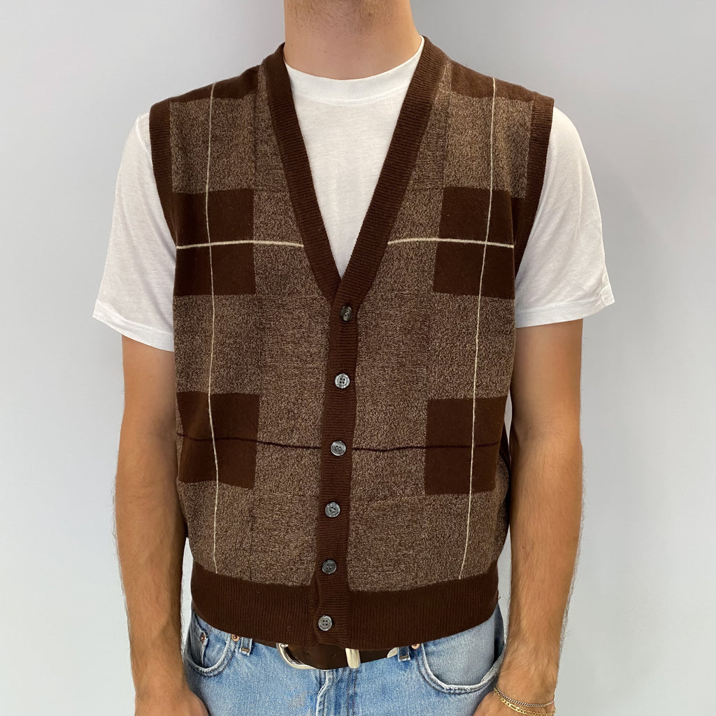 Men's Brown Checked Cashmere V Neck Sleeveless Cardigan Medium