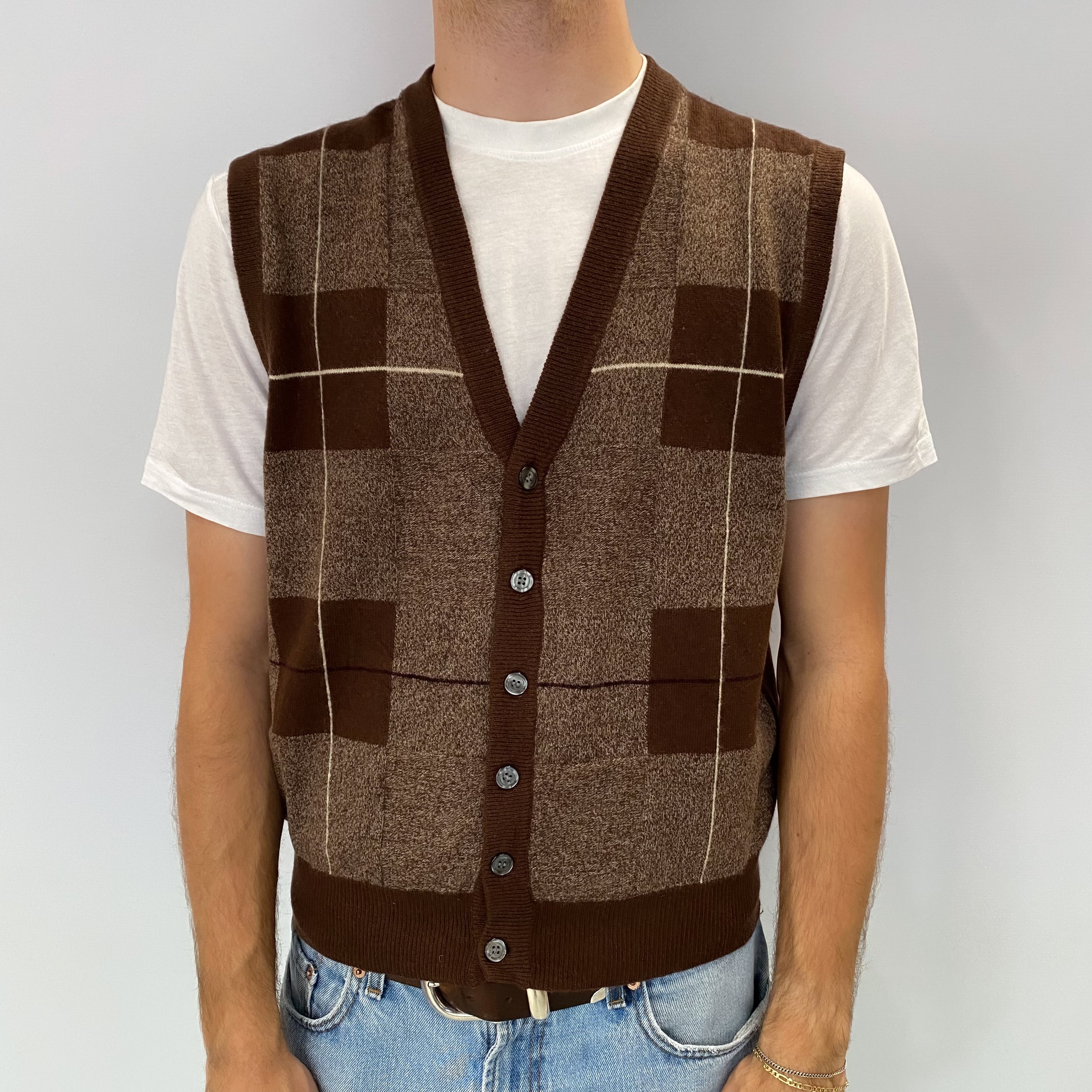 Men's Brown Checked Cashmere V Neck Sleeveless Cardigan Medium