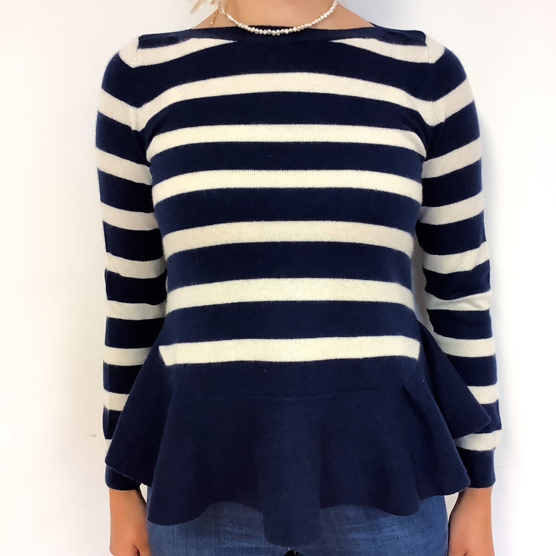 Navy Cream Stripe Peplum Cashmere Crew Neck Jumper Small