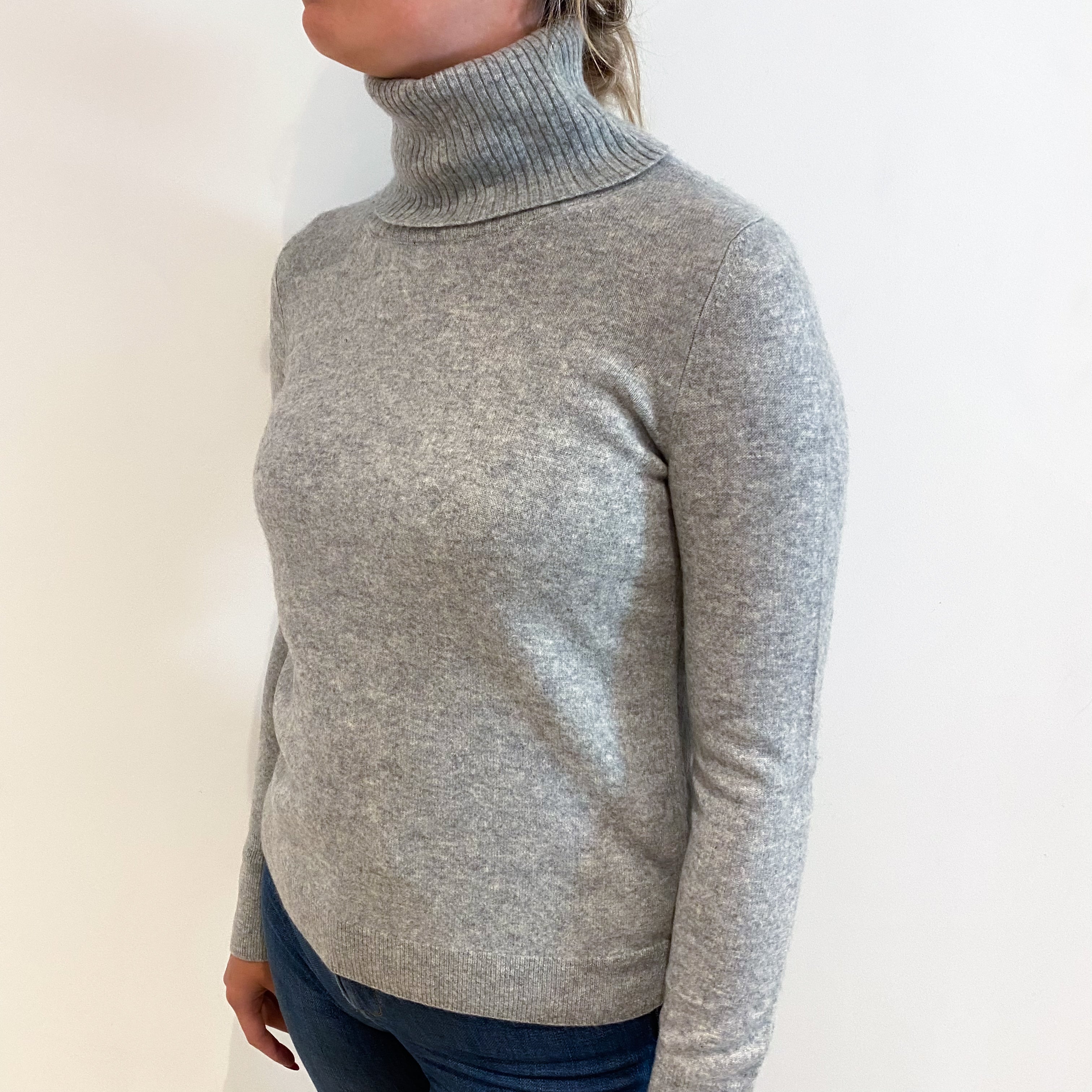 Smoke Grey Rib Detail Cashmere Polo Neck Jumper Small