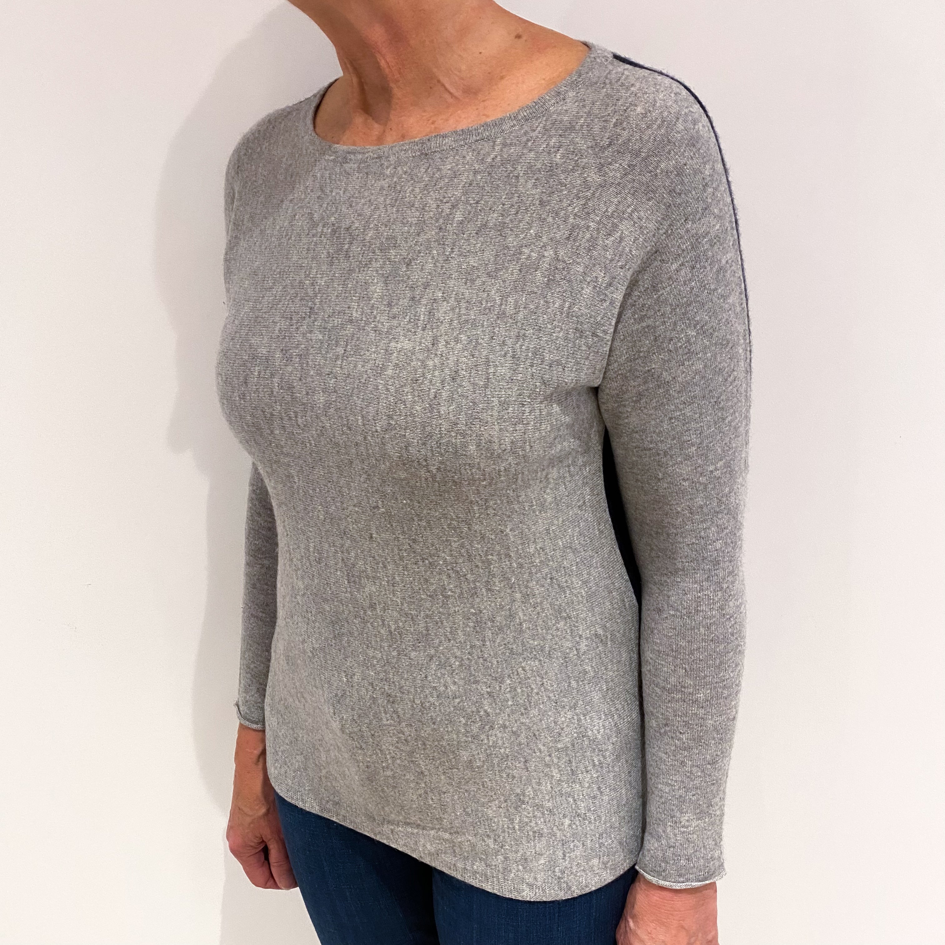 Steel Grey and Navy Cashmere Batwing Crew Neck Jumper Medium