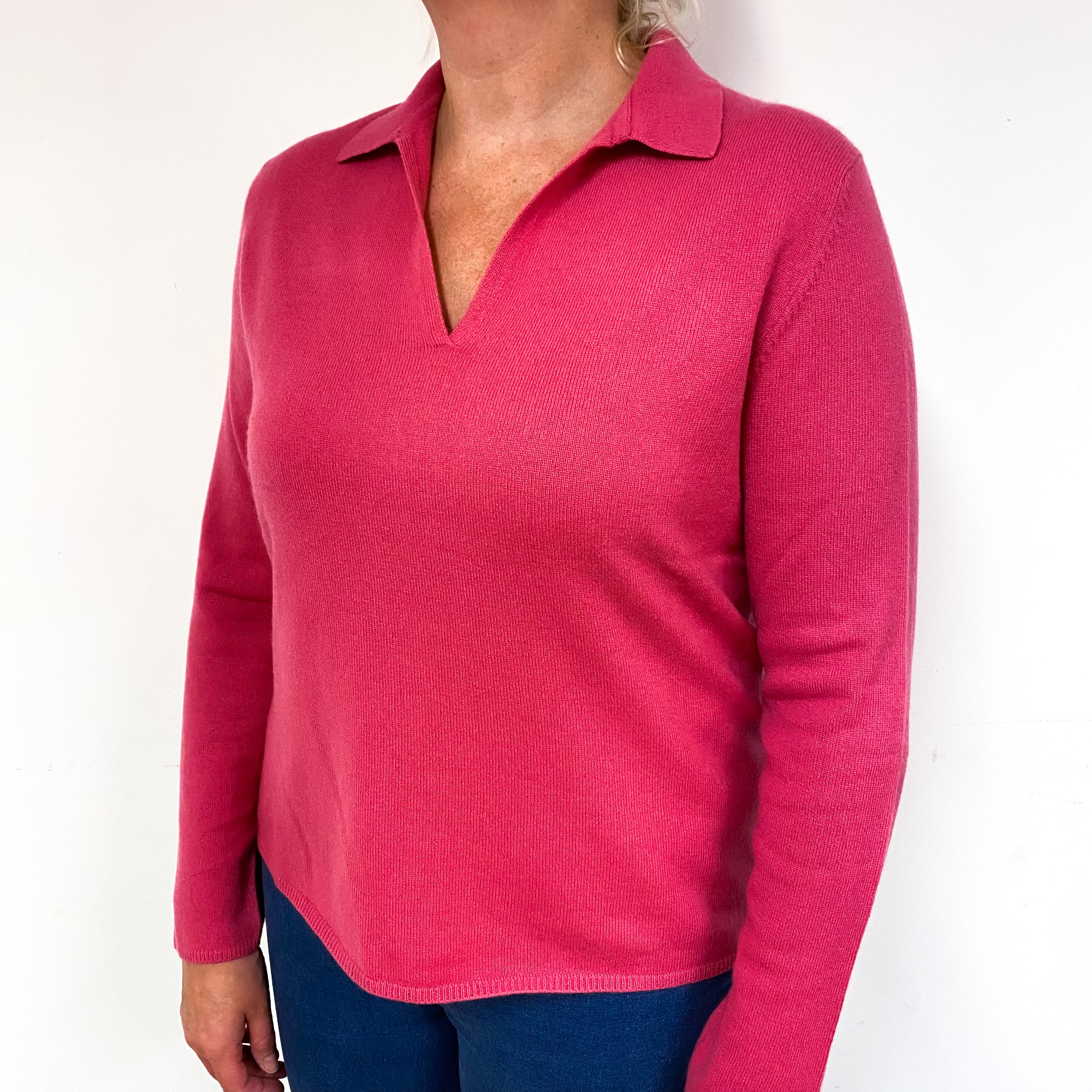 Raspberry Pink Cashmere Collared V-Neck Jumper Large