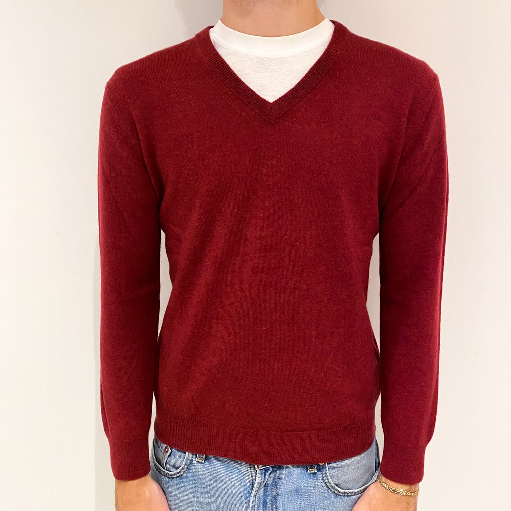 Men's Crimson Red Cashmere V-Neck Jumper Medium