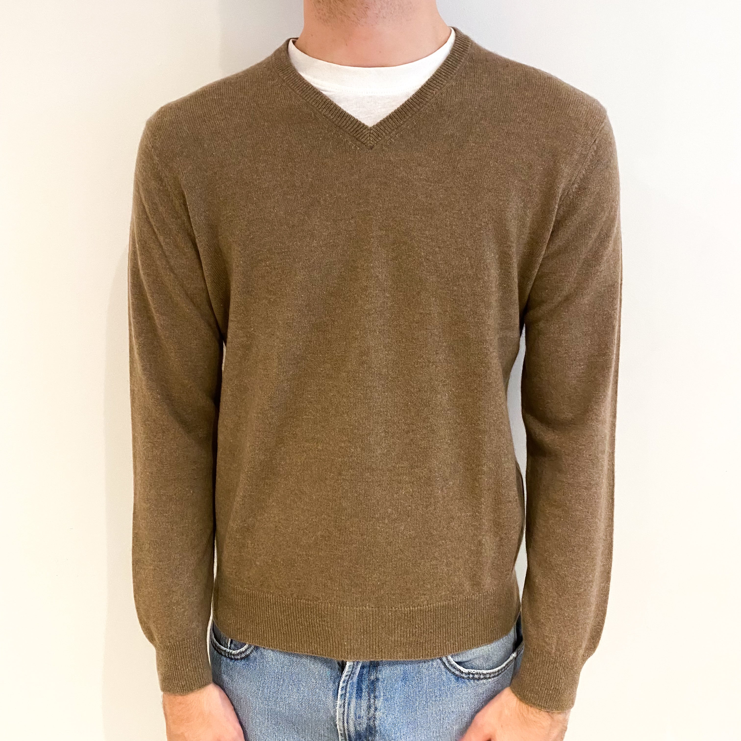 Men's Toffee Brown Cashmere V Neck Jumper Medium
