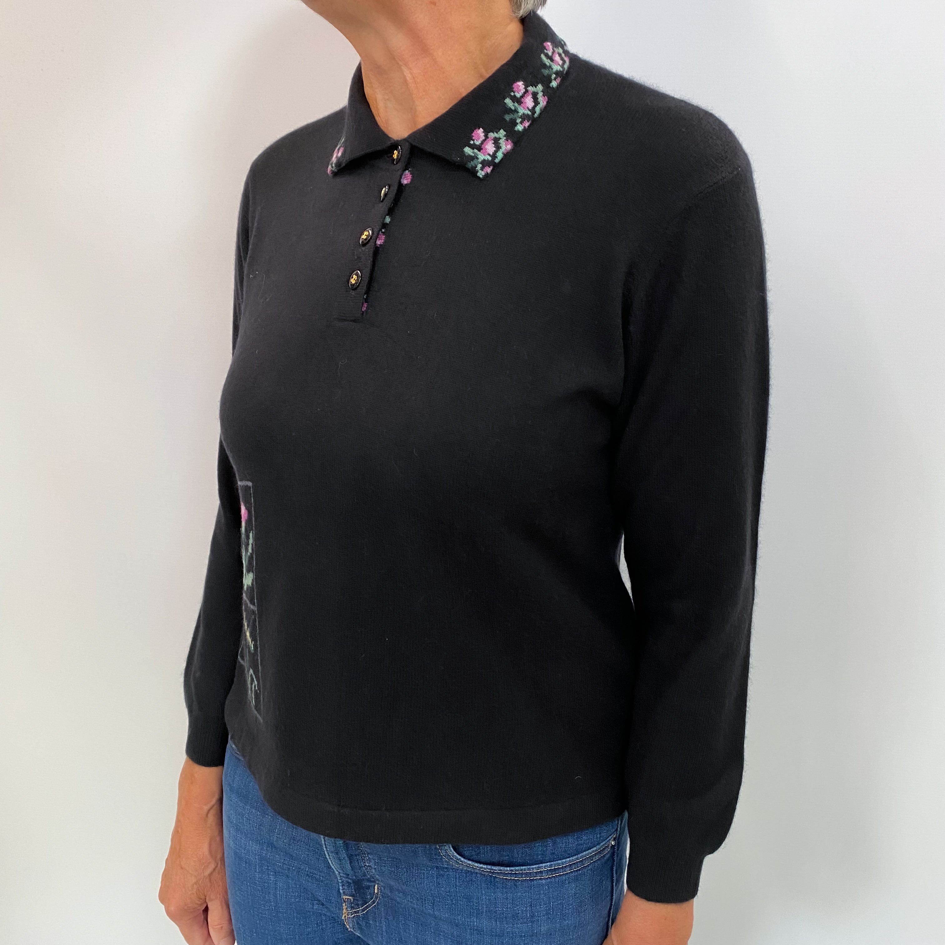 Black Floral Cashmere 1/4 Button Collar Neck Jumper Medium