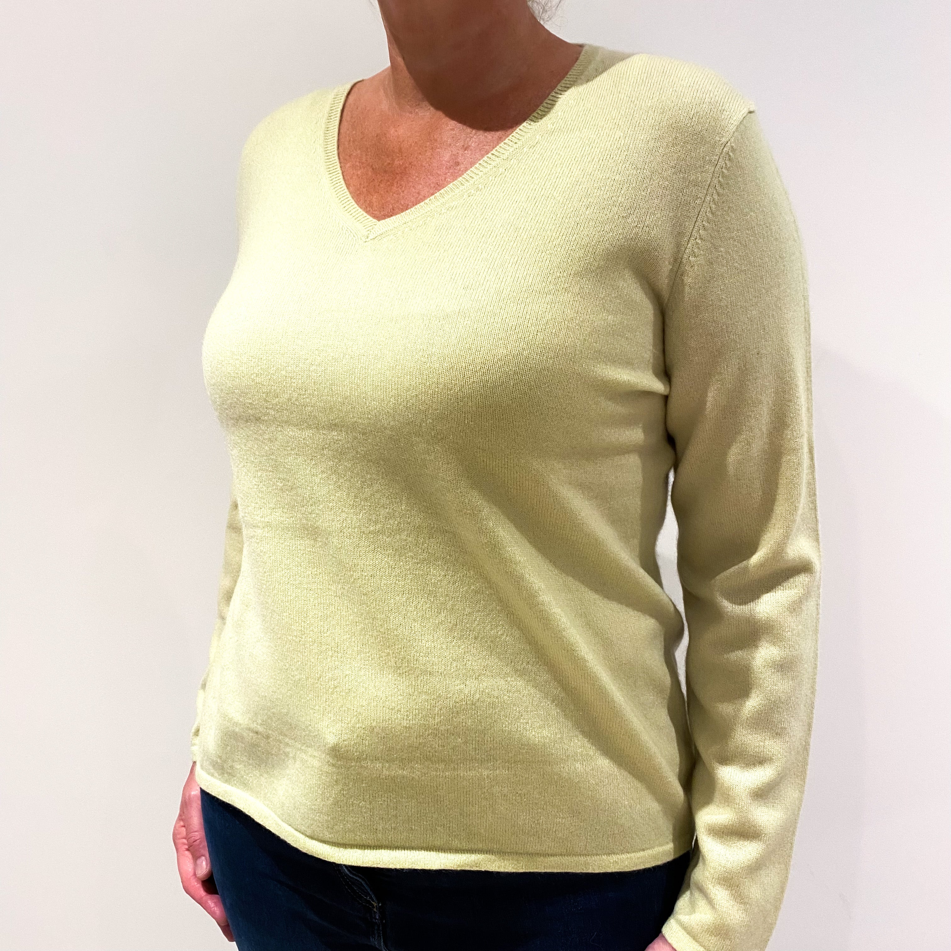 Celery Green Cashmere V-Neck Jumper Large