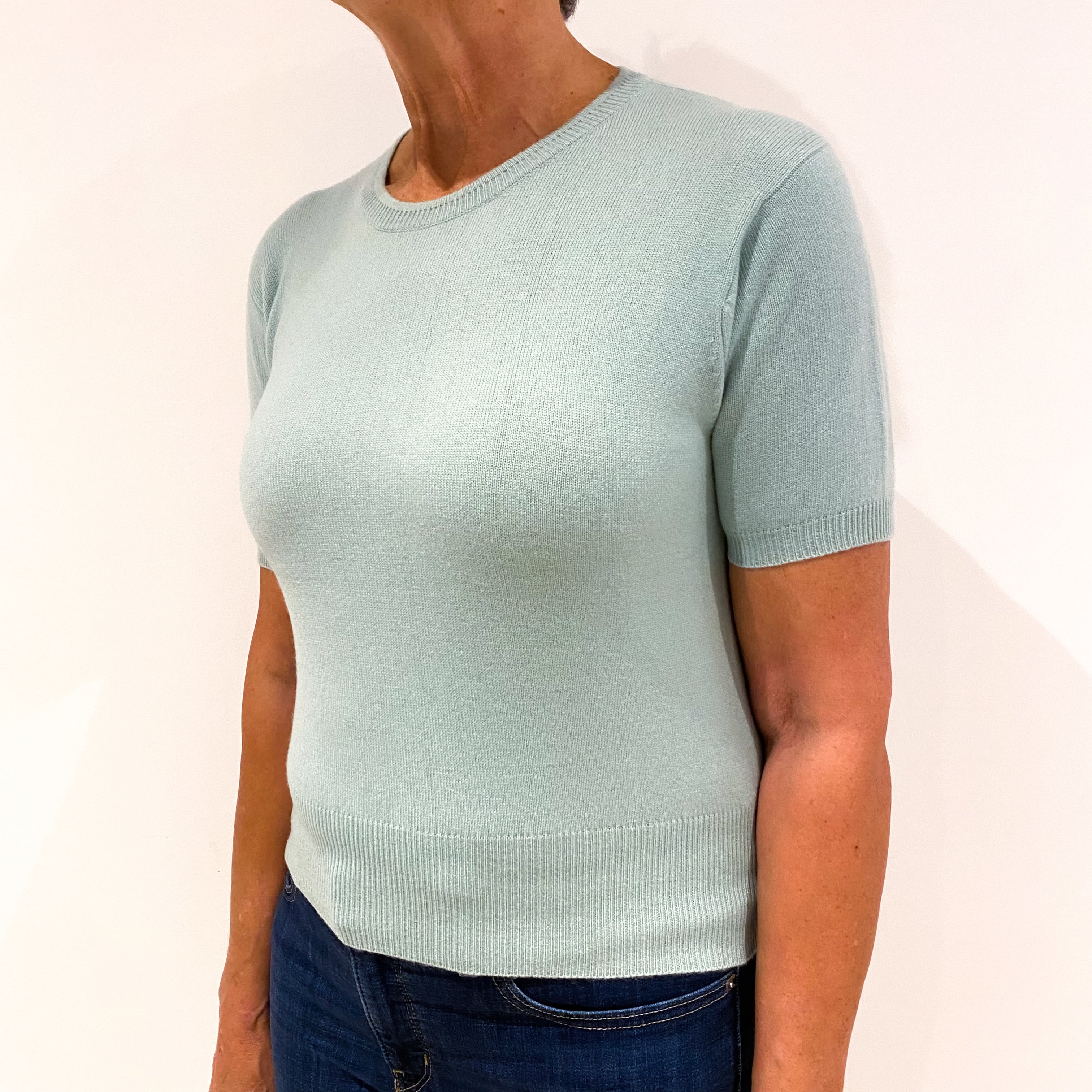 Mint Green Short Sleeved Cashmere Crew Neck Jumper Medium
