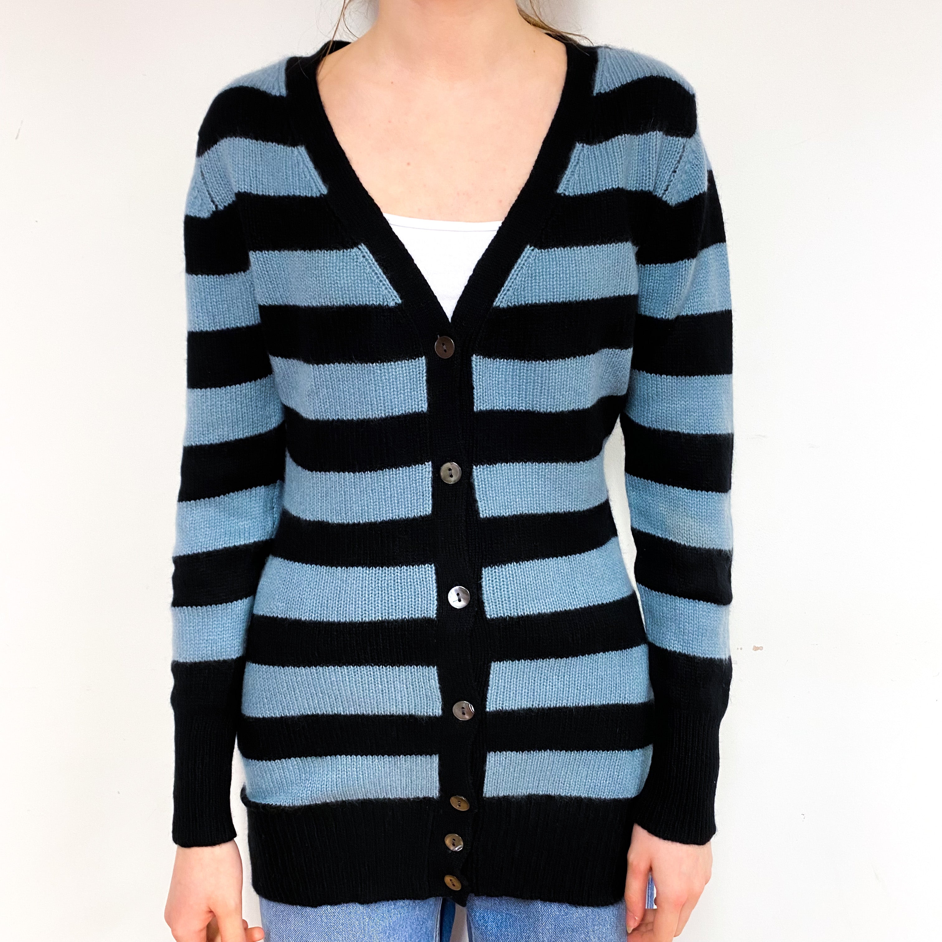 Blue Black Stripe Cashmere Longline V-Neck Cardigan Extra Small