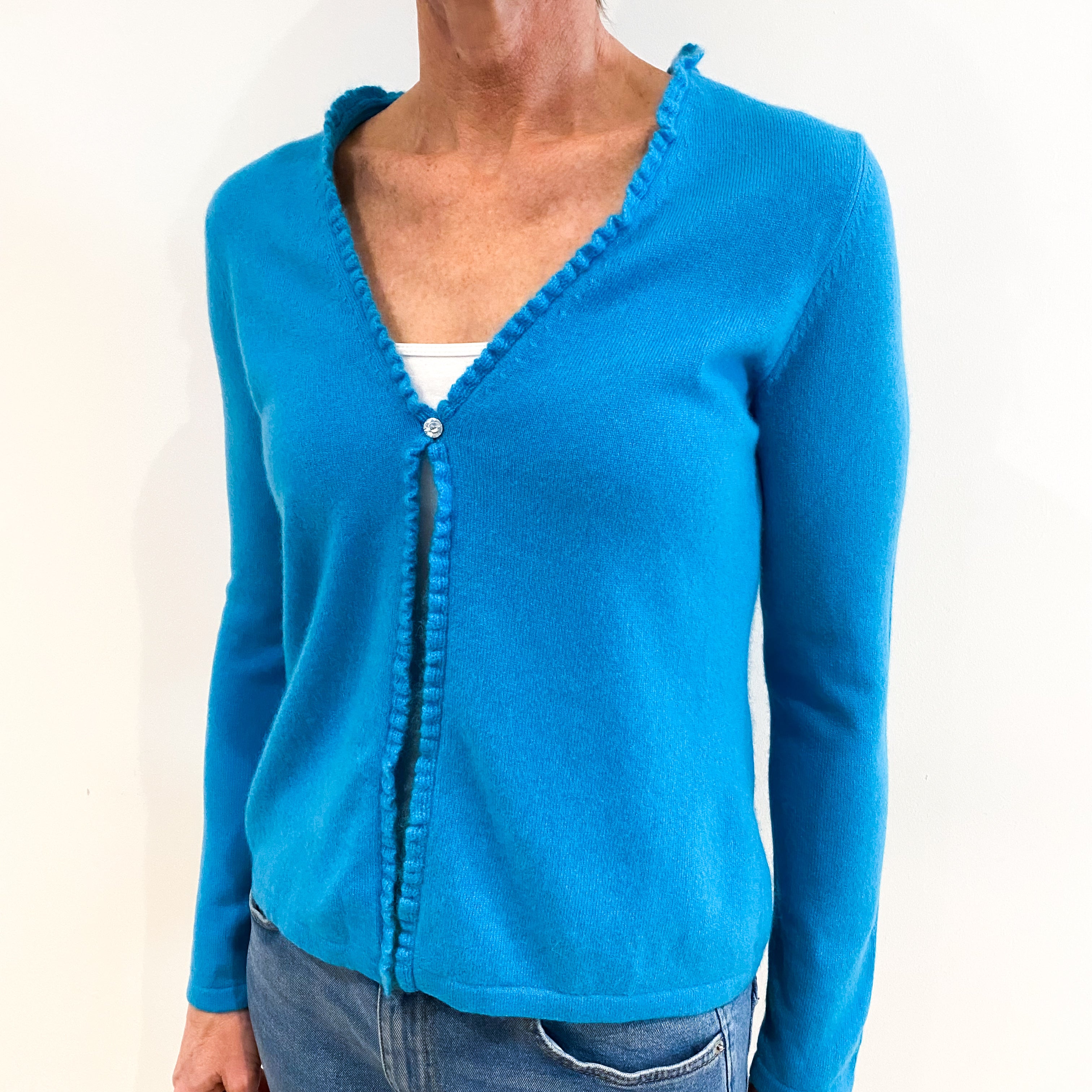 Turquoise Blue Cashmere Ruffle Trim V Neck Cardigan Small