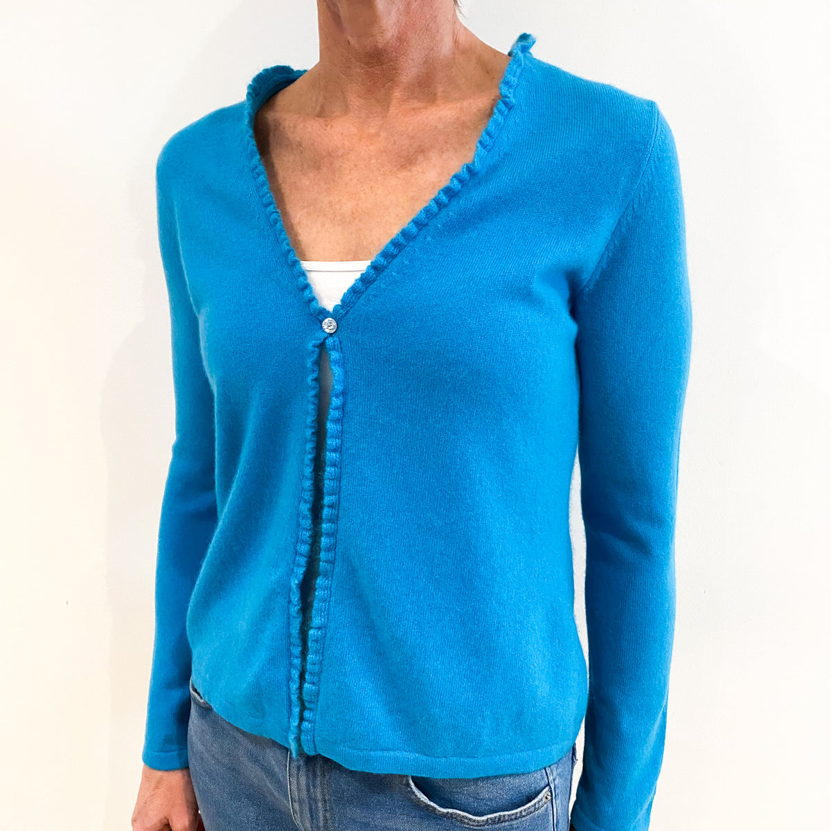 Turquoise Blue Cashmere Ruffle Trim V Neck Cardigan Small
