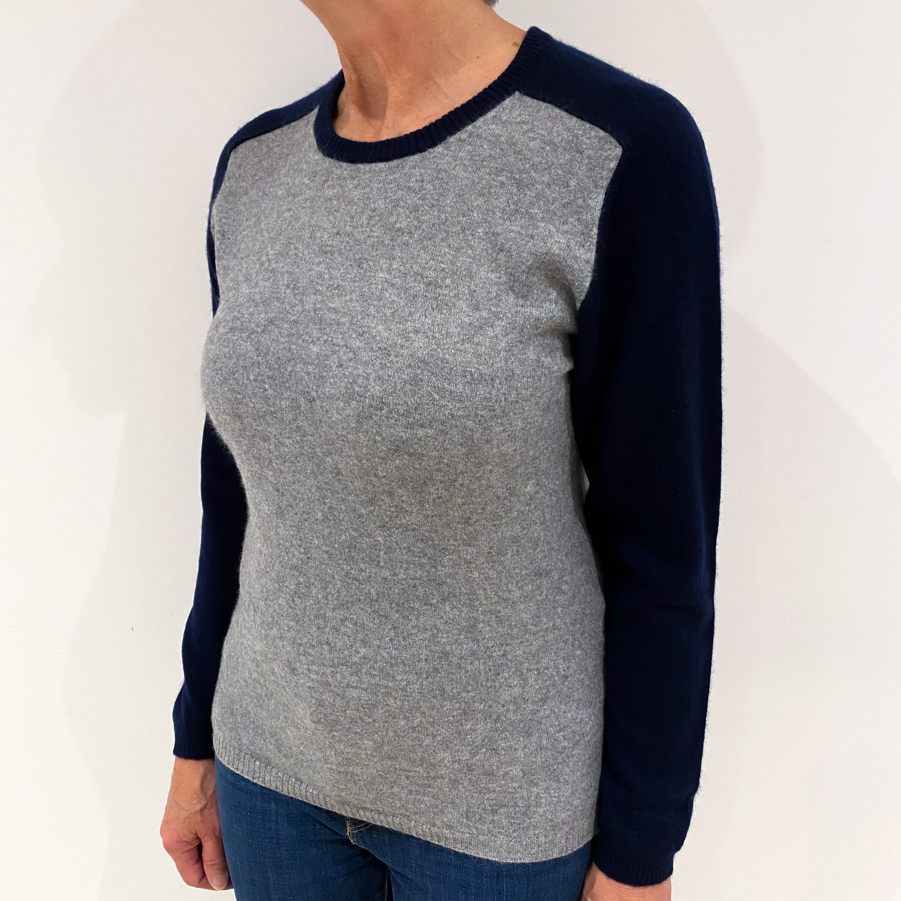Ash Grey and Navy Cashmere Crew Neck Jumper Medium
