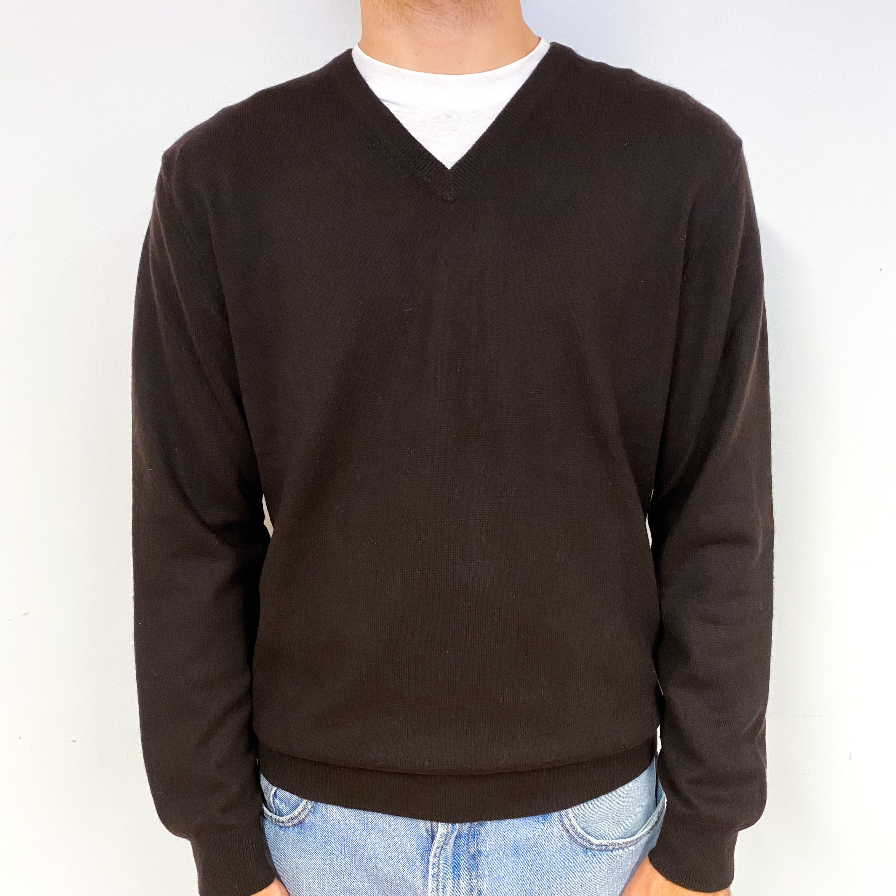 Men's Peppercorn Brown Cashmere V-Neck Jumper Medium