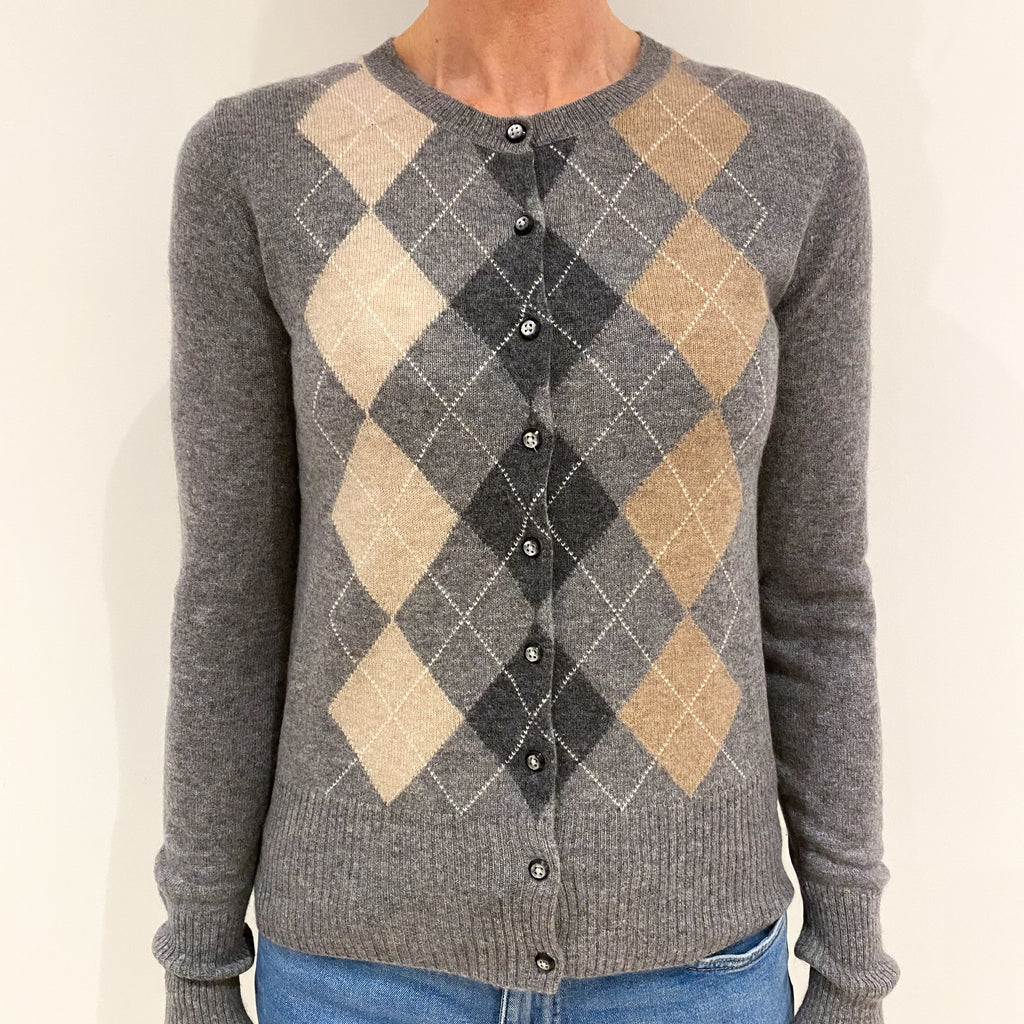 Smoke Grey Diamond Pattern Cashmere Crew Neck Cardigan Small