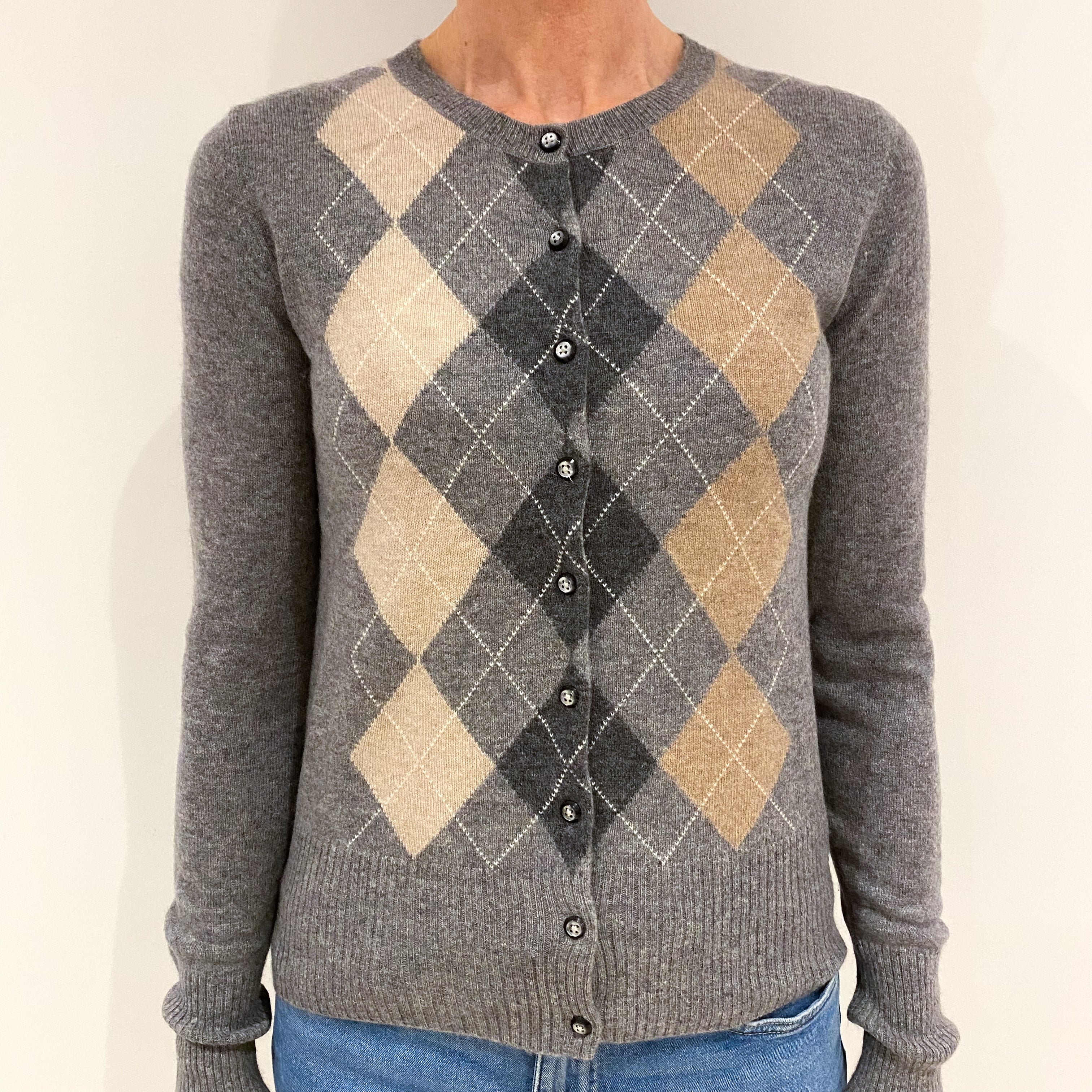 Smoke Grey Diamond Pattern Cashmere Crew Neck Cardigan Small