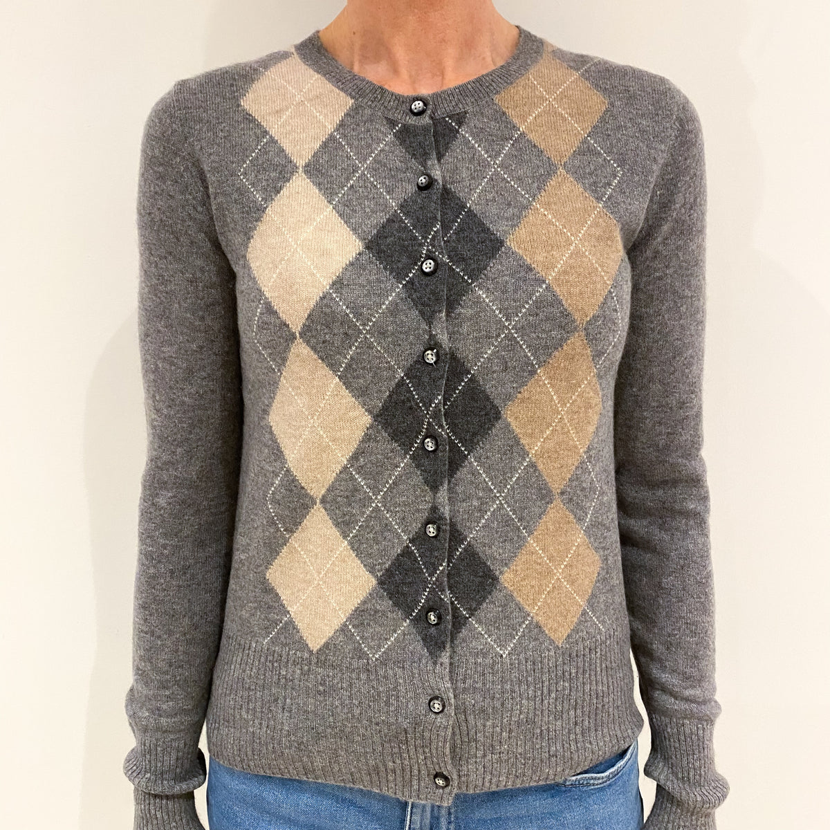 Smoke Grey Diamond Pattern Cashmere Crew Neck Cardigan Small