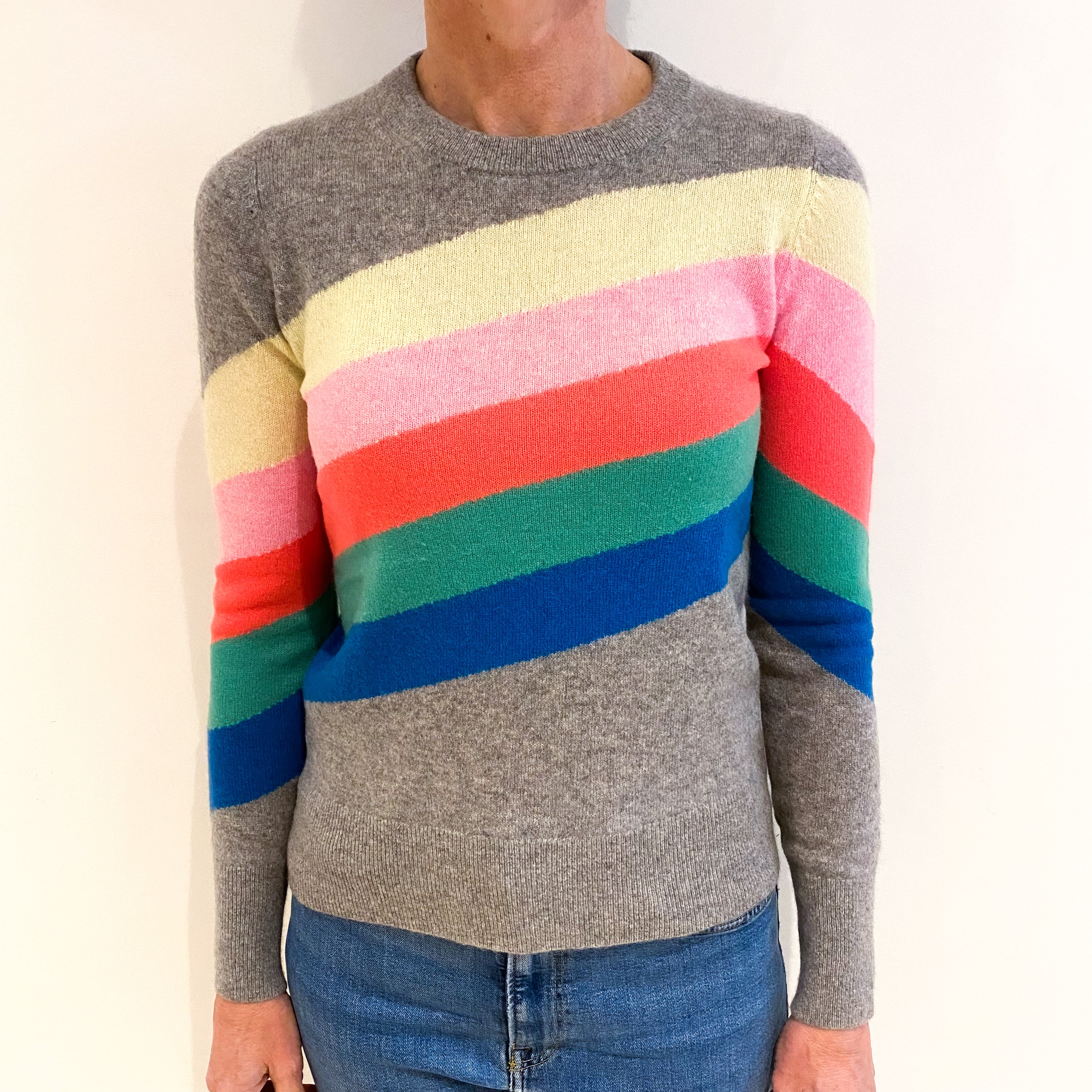 Smoke Grey Rainbow Cashmere Crew Neck Jumper Small