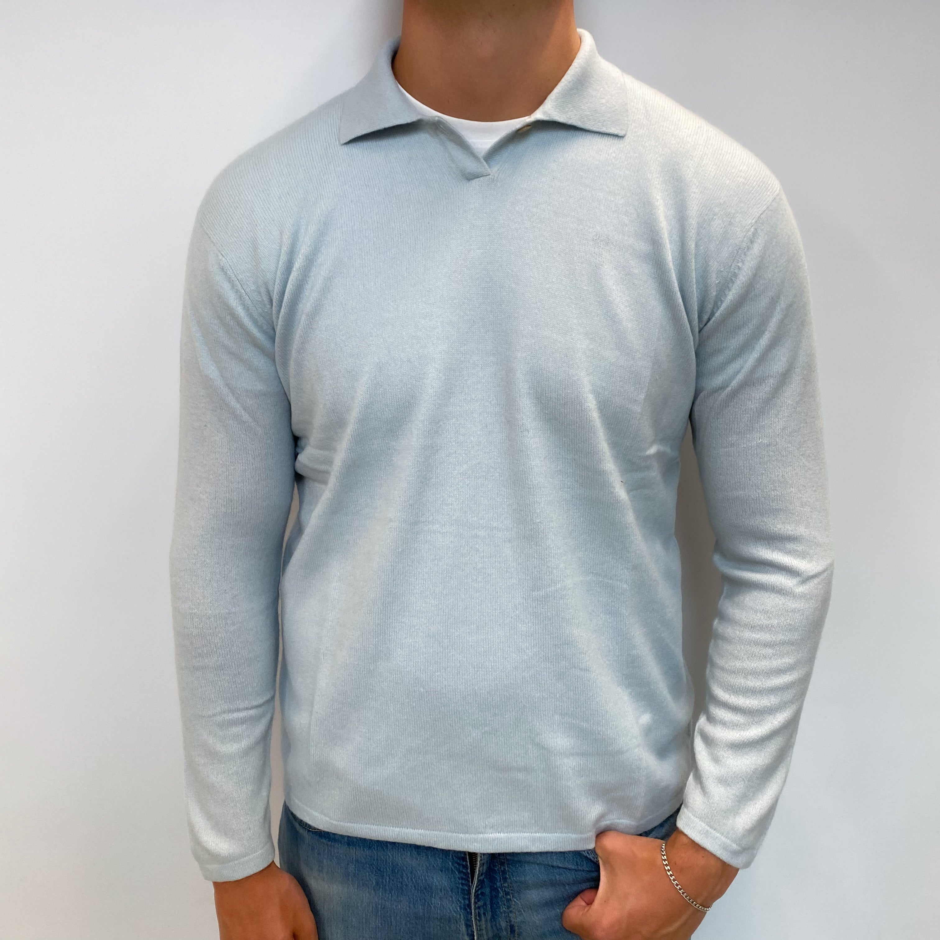 Men's Ice Blue Cashmere Collared V Neck Jumper XL