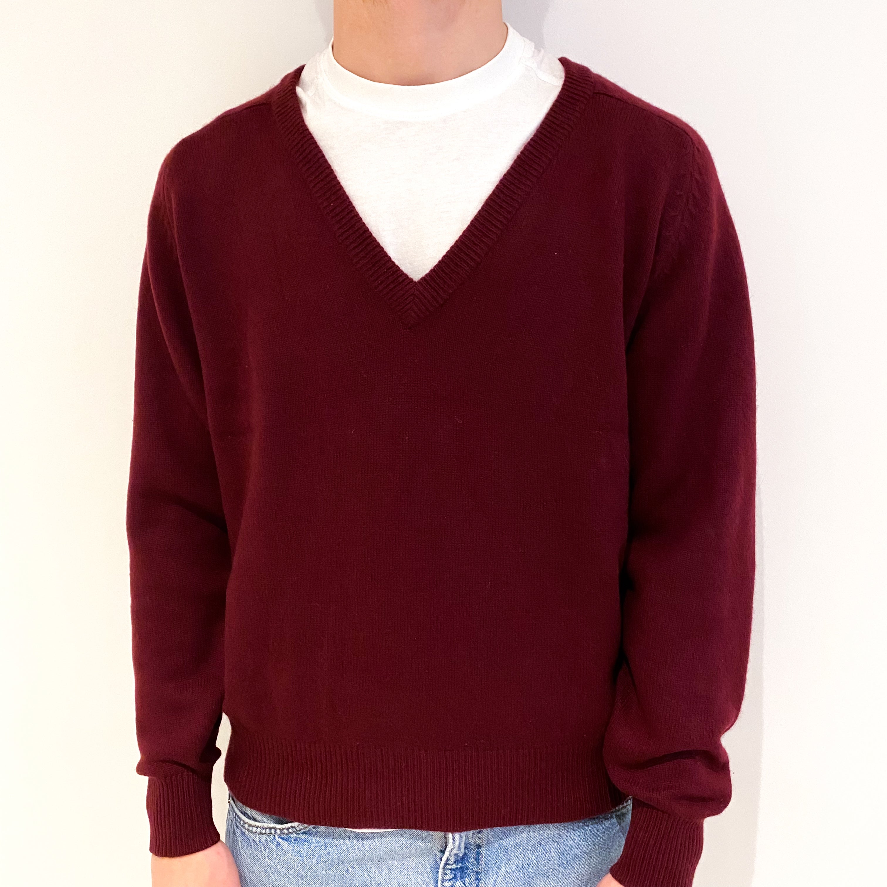 Men's Vintage Claret Red Cashmere V-Neck Jumper Medium