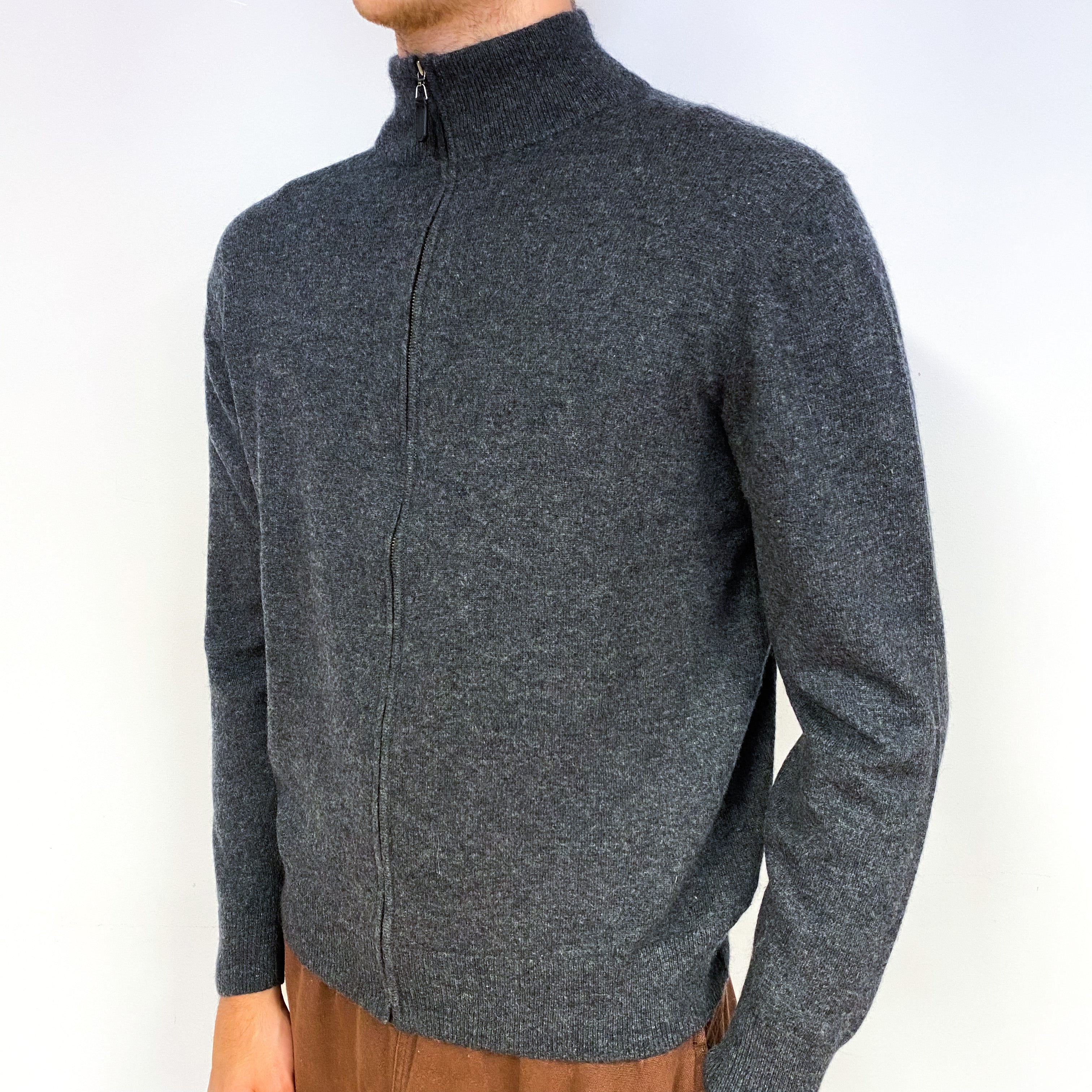 Men's Slate Grey Cashmere Zip Turtle Neck Cardigan Large