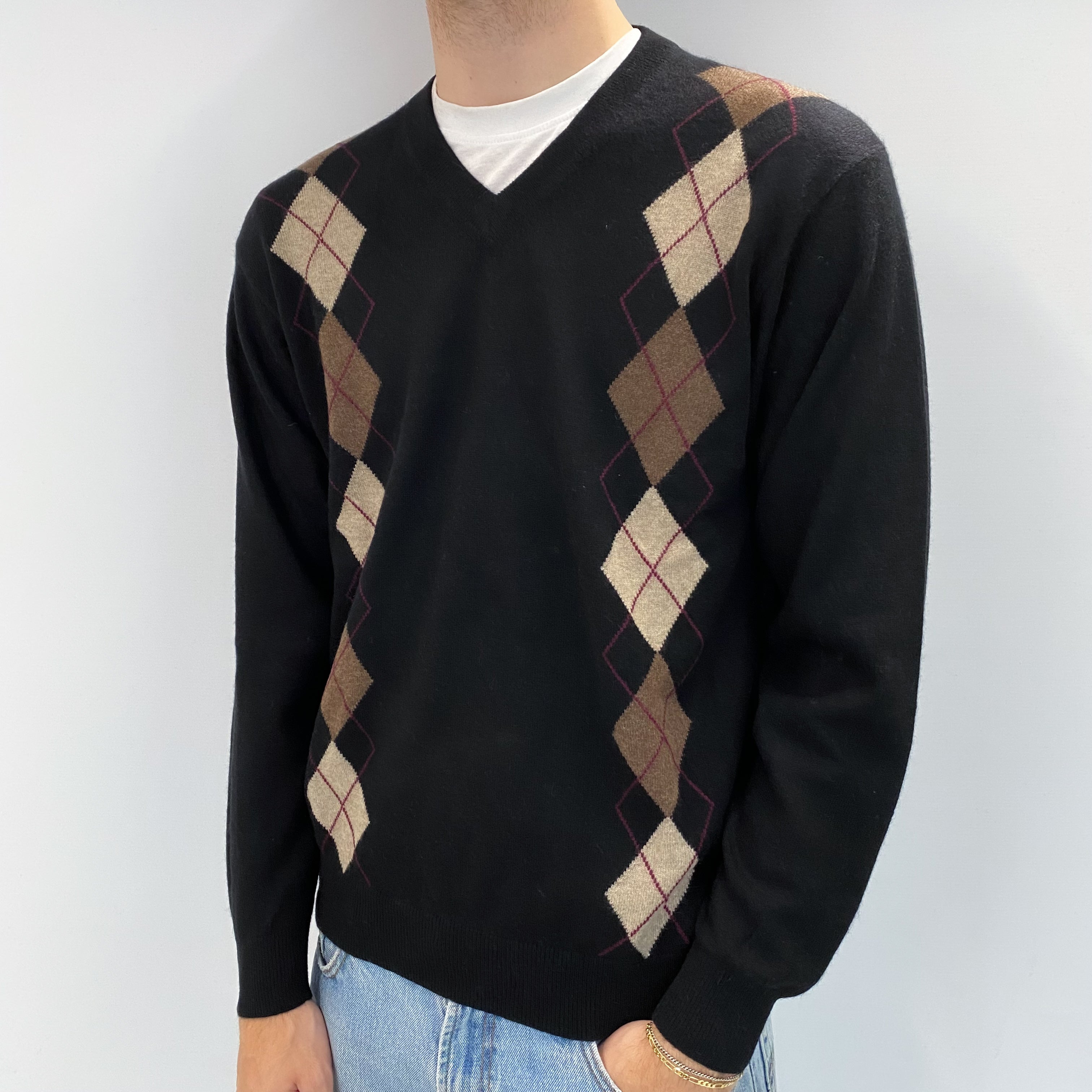Men's Black Brown Diamond Cashmere V Neck Jumper Large