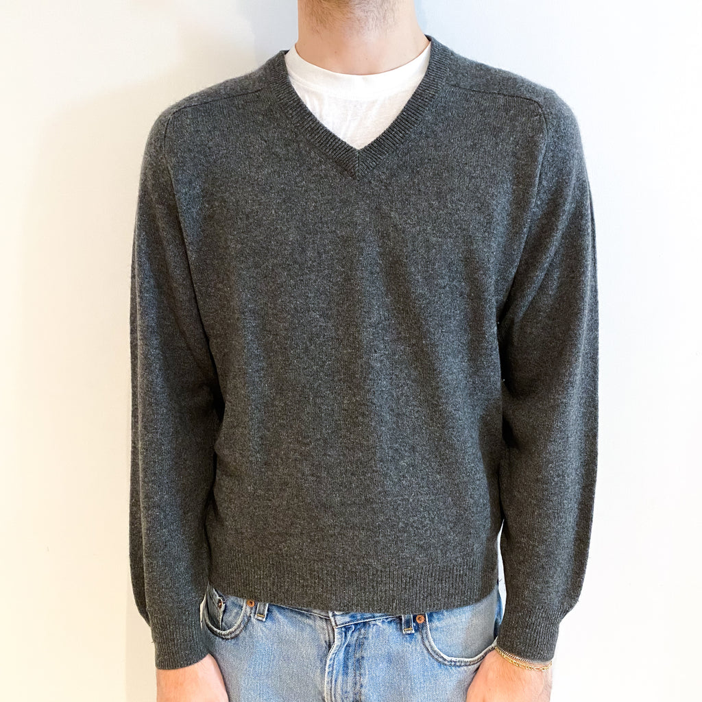 Men's Slate Grey Cashmere V Neck Jumper Large