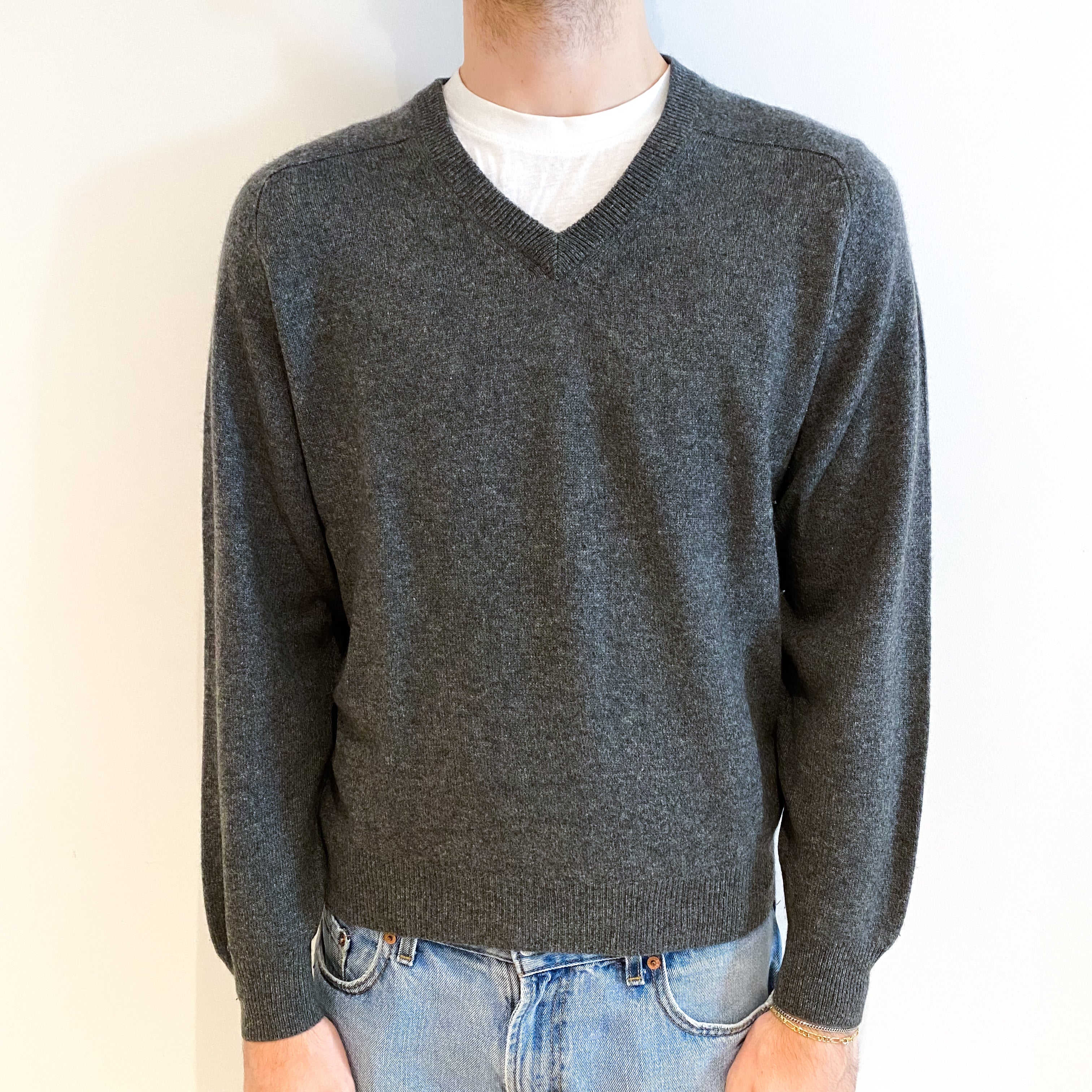 Men's Slate Grey Cashmere V Neck Jumper Large