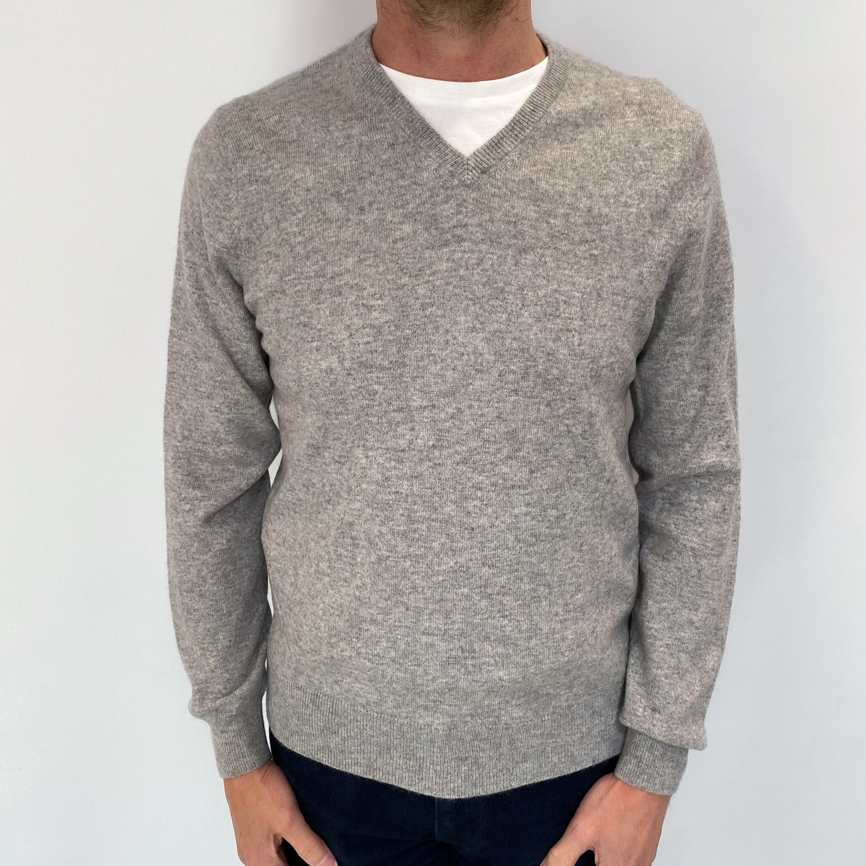 Men's Smoke Grey Cashmere V Neck Jumper Small