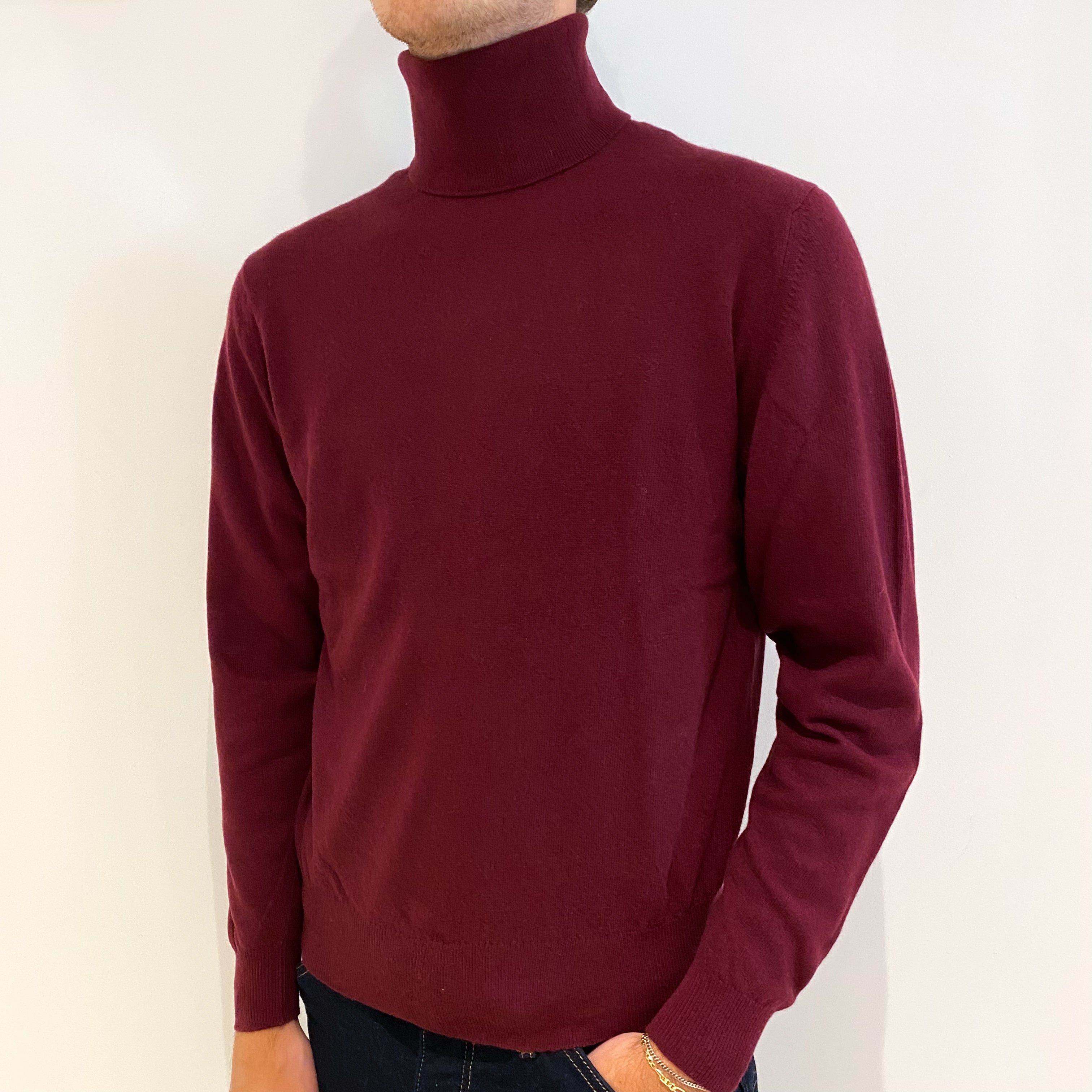 Men's Wine Red Cashmere Polo Neck Jumper Medium