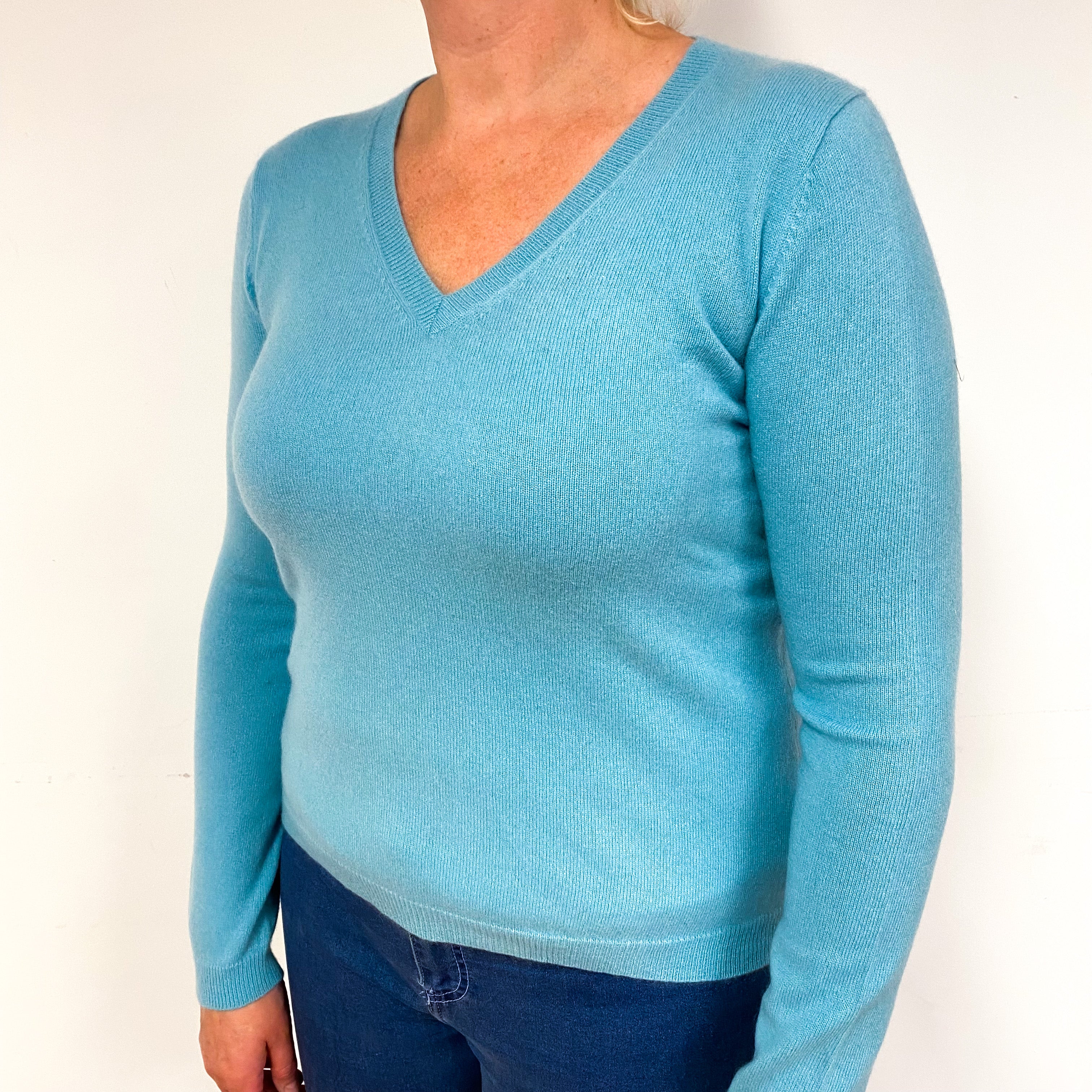 Pale Aqua Blue Cashmere V-Neck Jumper Large