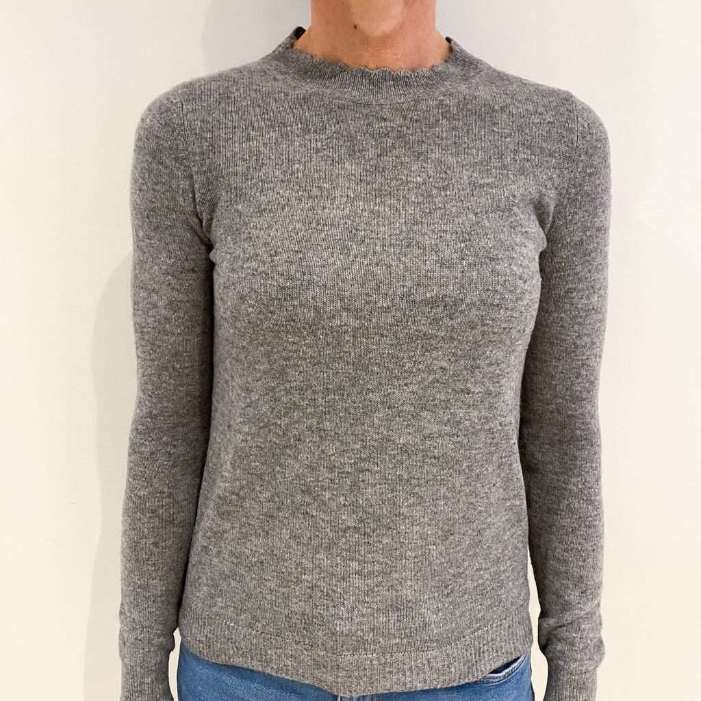 Smoke Grey Cashmere Scalloped Crew Neck Jumper Small