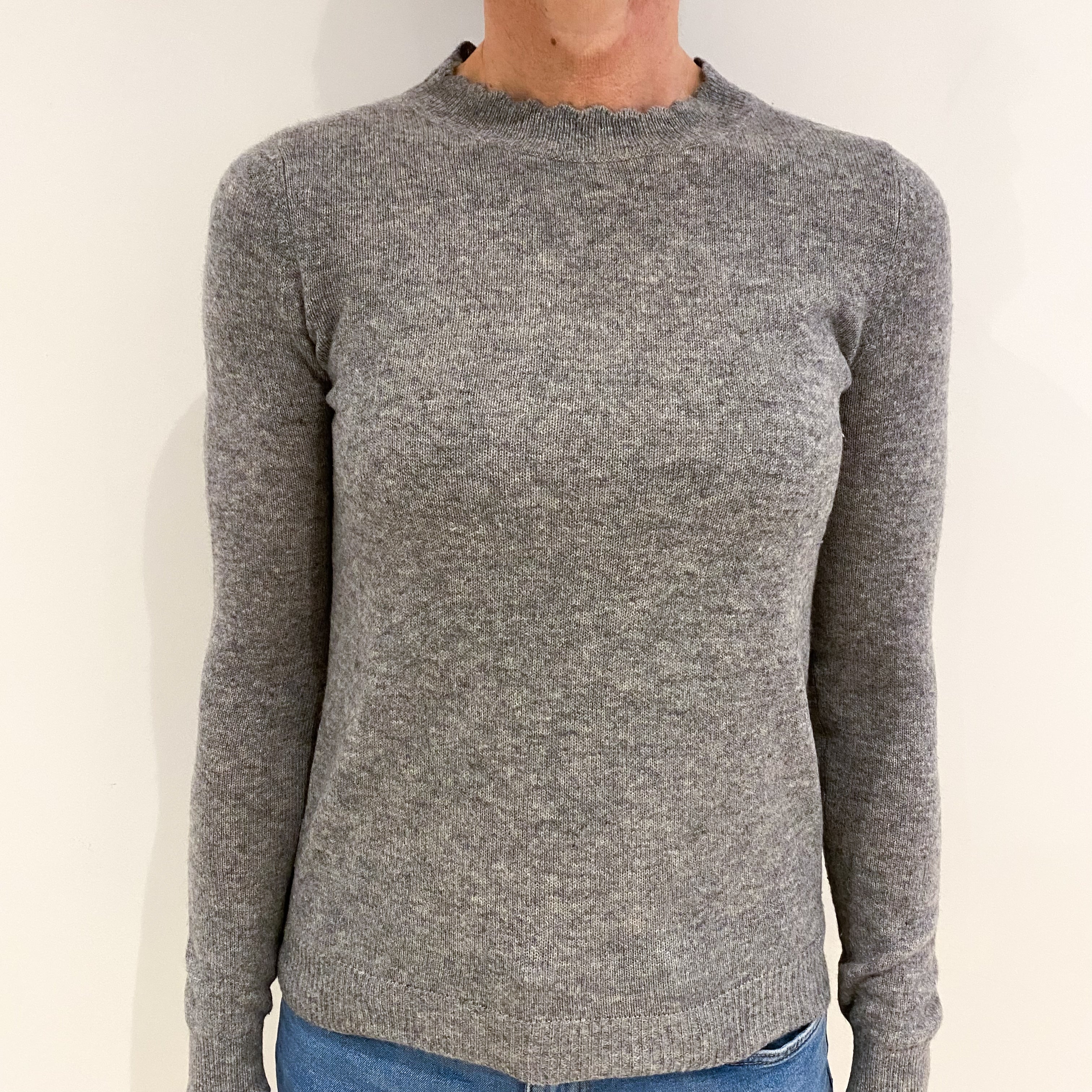 Smoke Grey Cashmere Scalloped Crew Neck Jumper Small
