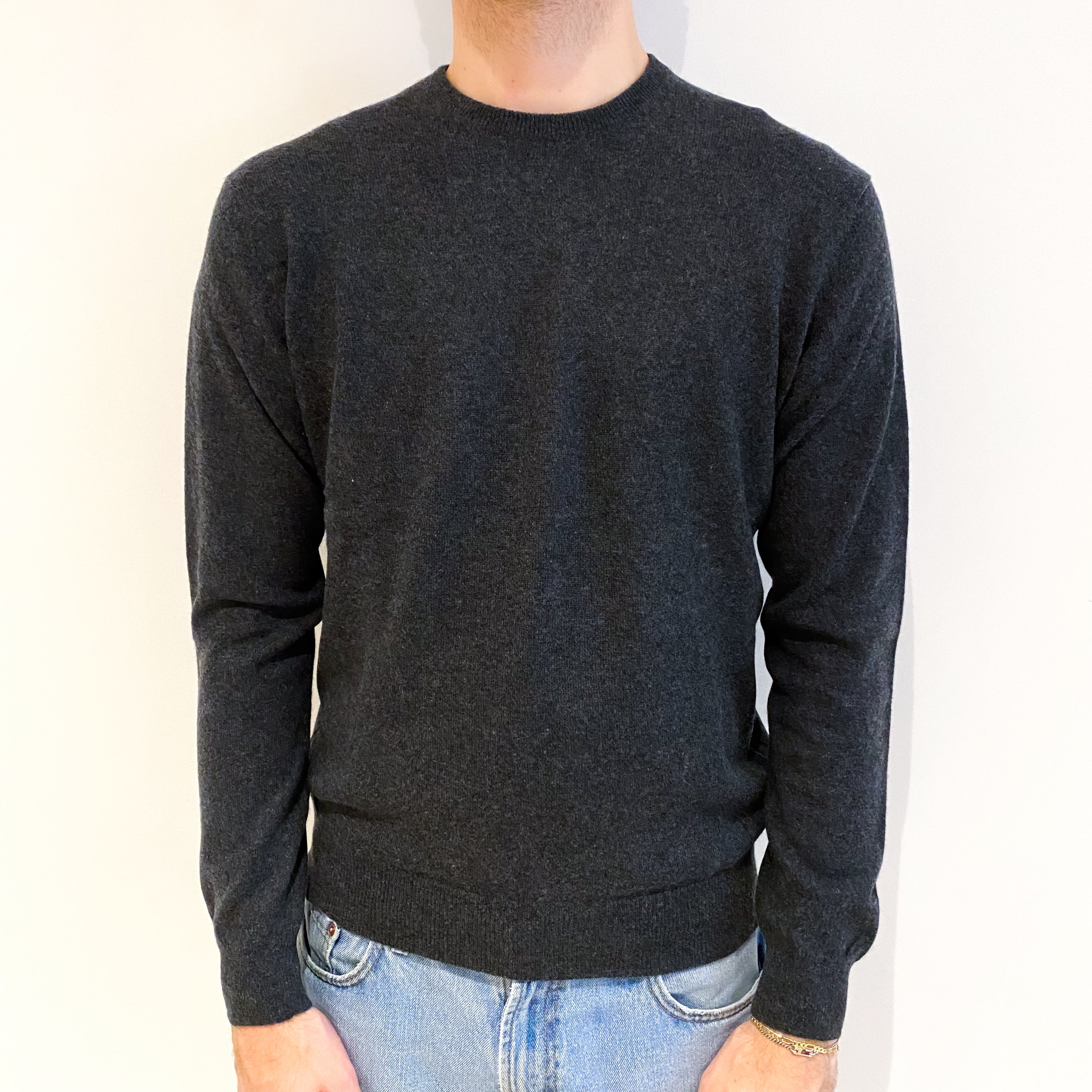 Men's Charcoal Grey Cashmere Crew Neck Jumper Large