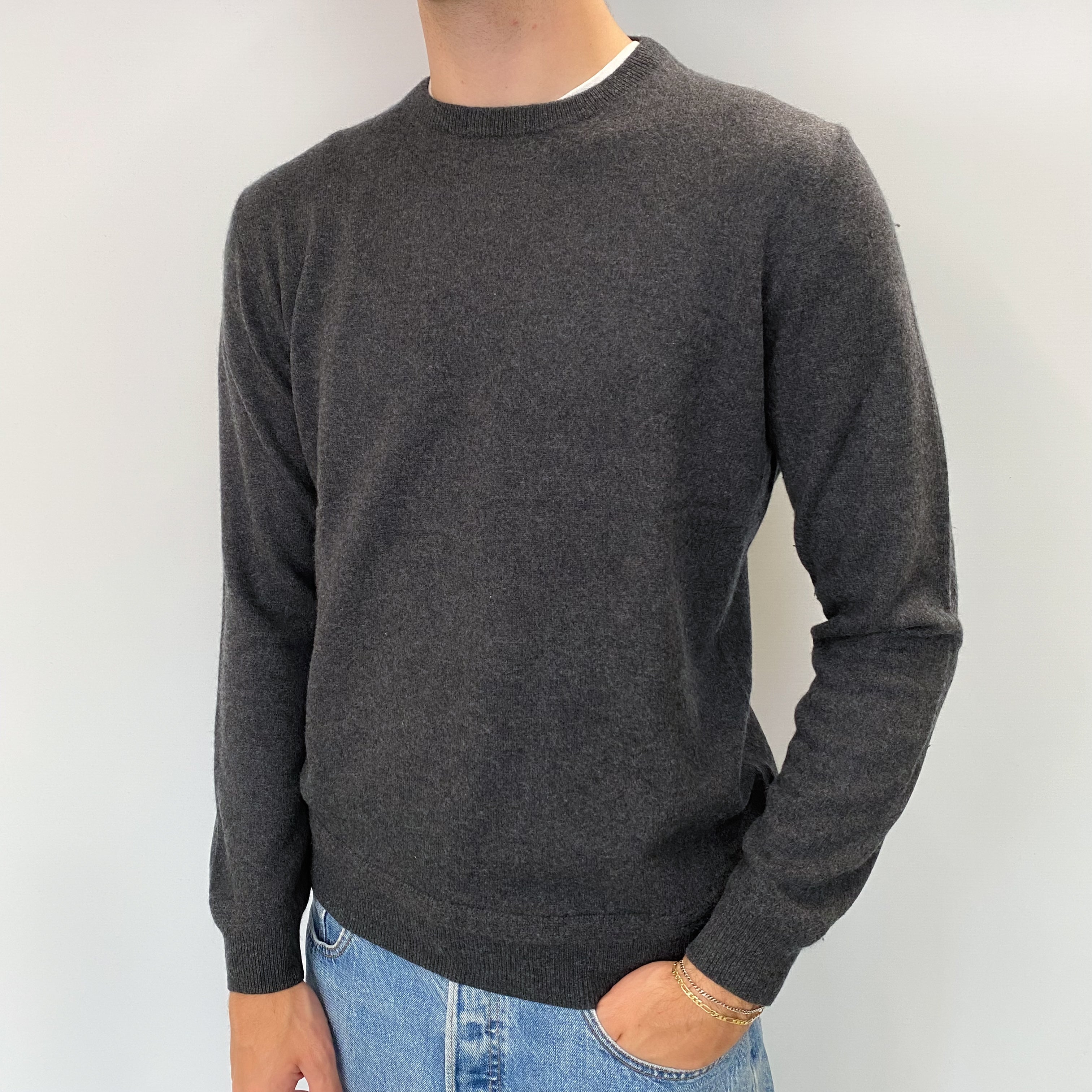 Men's Charcoal Grey Cashmere Crew Neck Jumper Large
