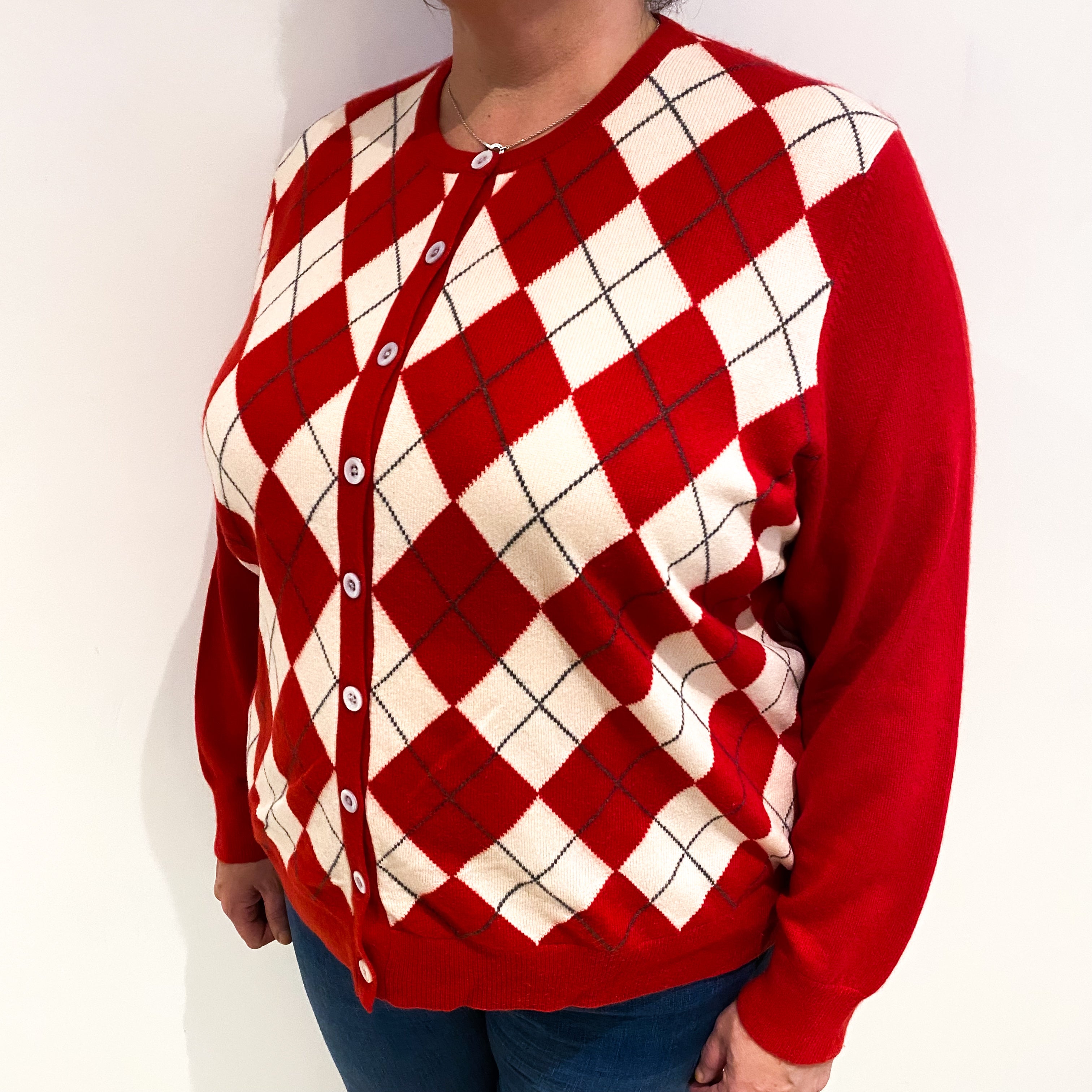 Red Ivory Diamond Cashmere Crew Neck Cardigan Extra Extra Large