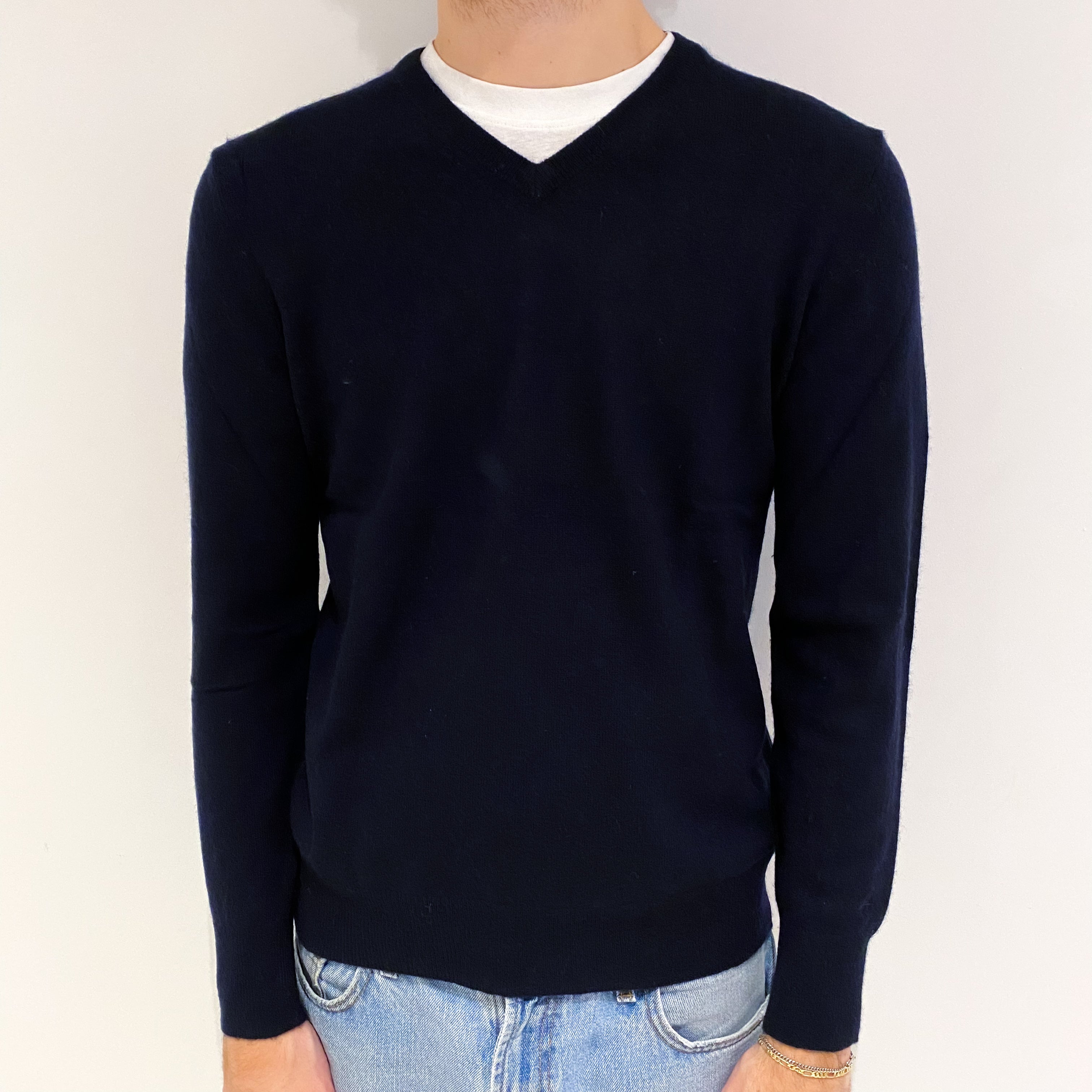 Men's Navy Blue Cashmere V Neck Jumper Medium