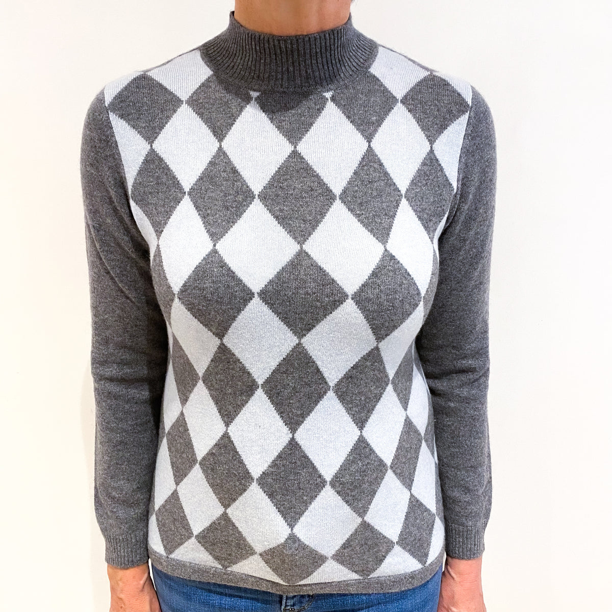 Steel Grey And Ice Blue Diamond Design Cashmere Polo Neck Jumper Medium