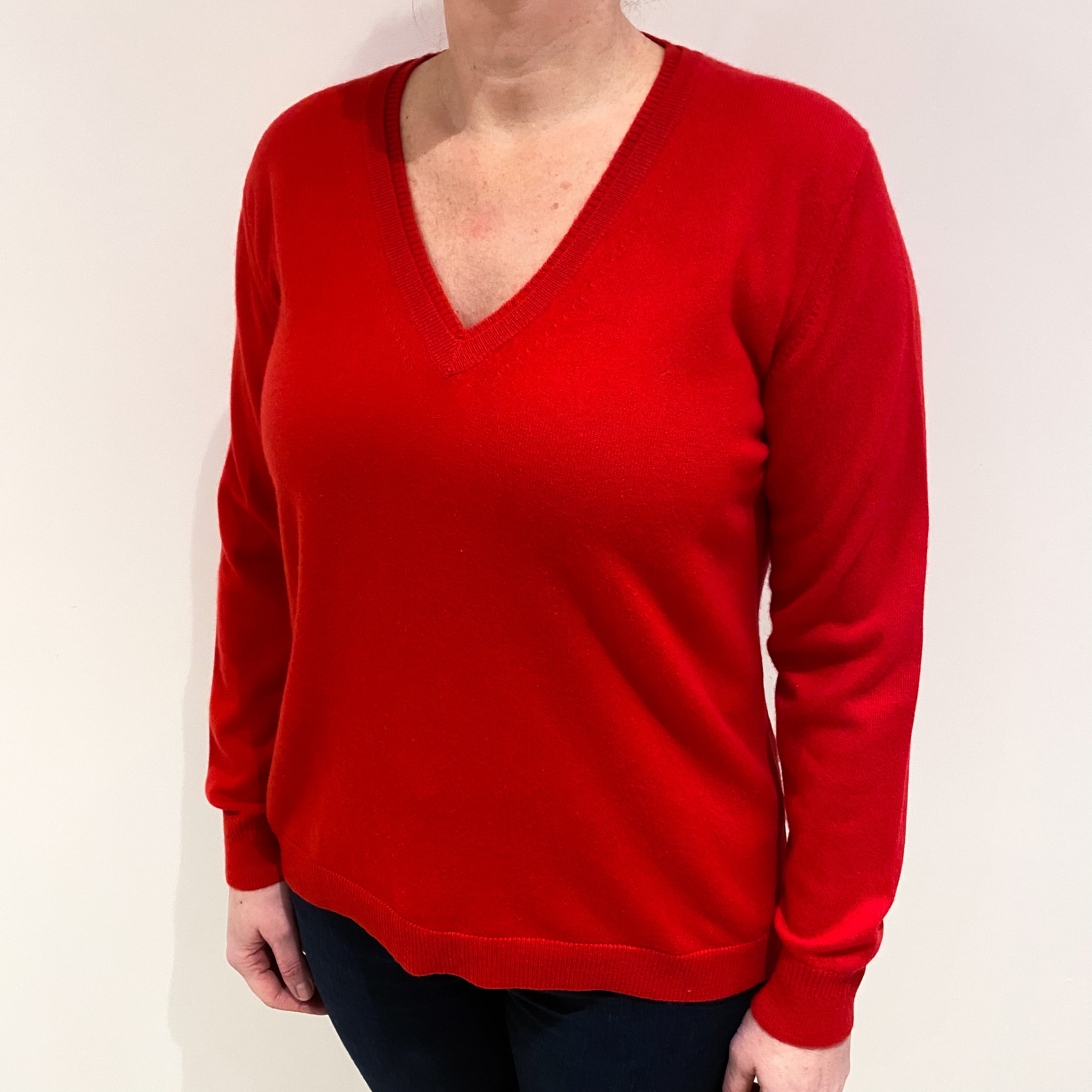 Scarlet Red Cashmere V Neck Jumper Large