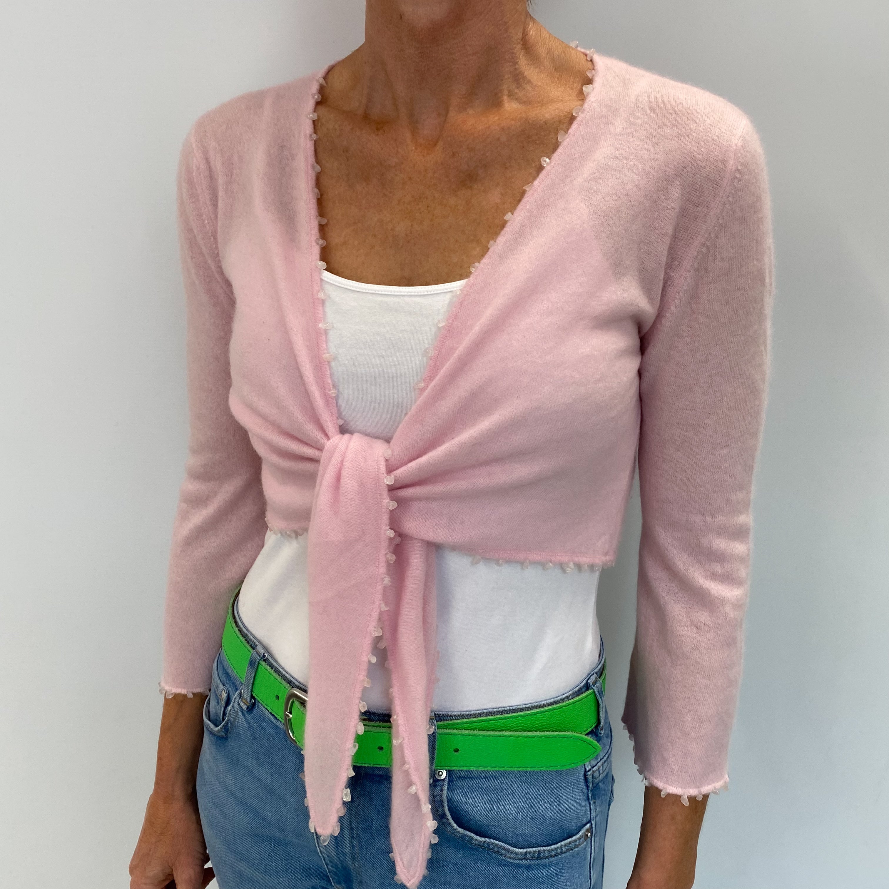 Pale Pink Cashmere Tie Front Cardigan Small